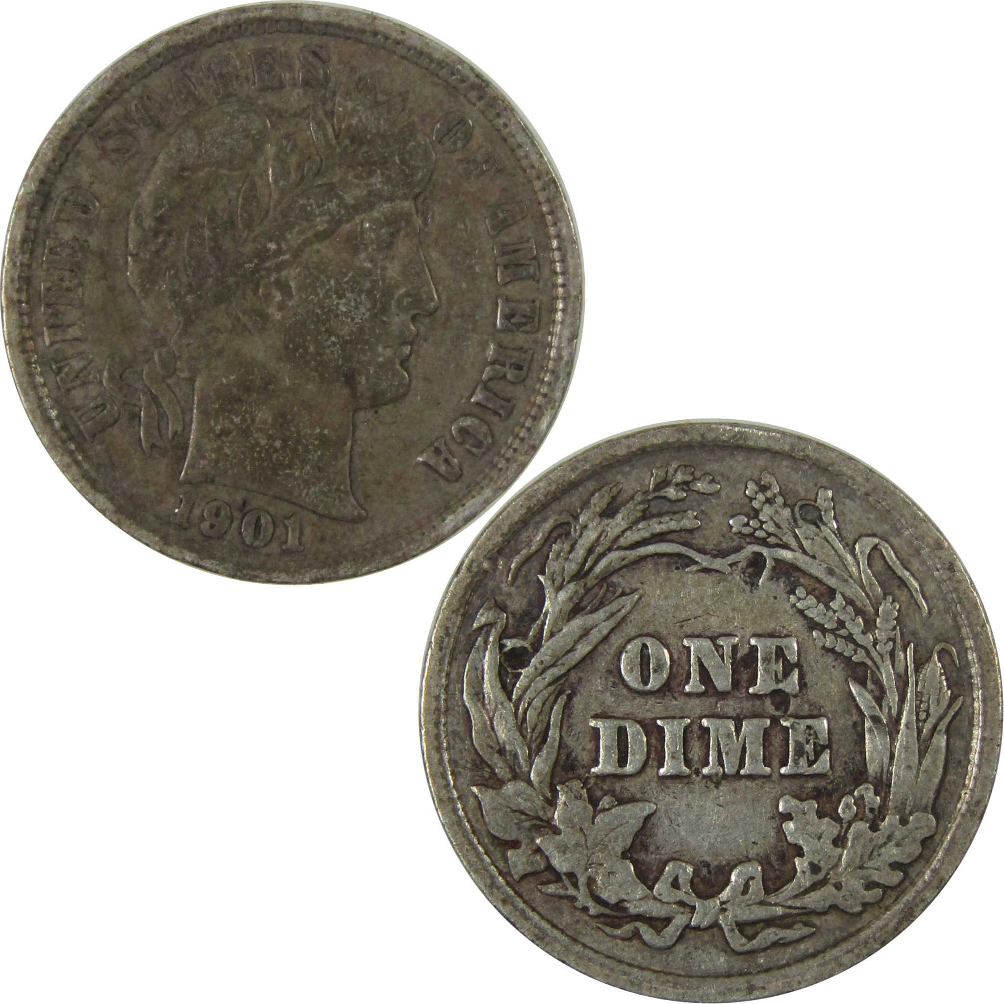 1901 Barber Silver Dime F Fine Details 10c Coin Collectible SKU:CP1034