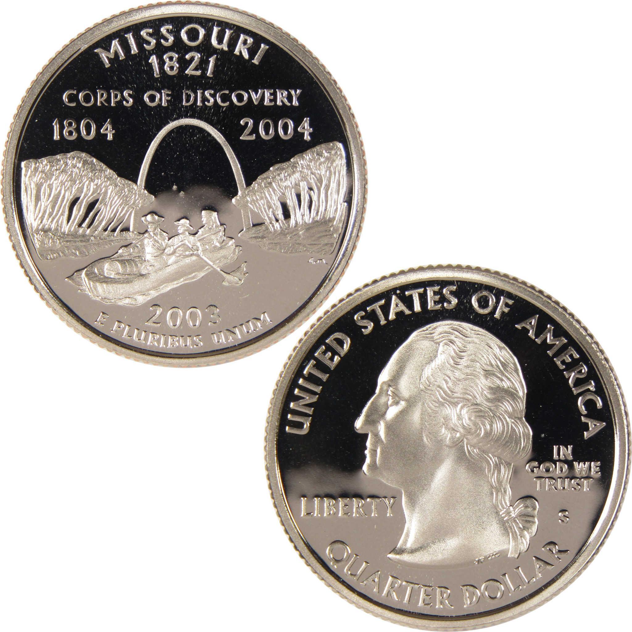 Missouri 2003 state quarter coin featuring Corps of Discovery and Gateway Arch design