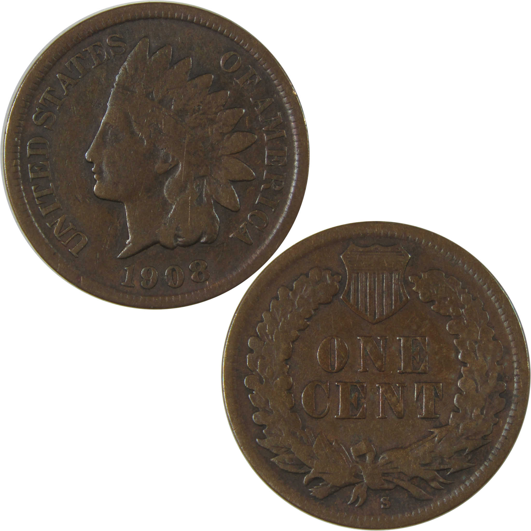 1908 S Indian Head Cent F Fine Details Penny 1c Coin SKU:I22743