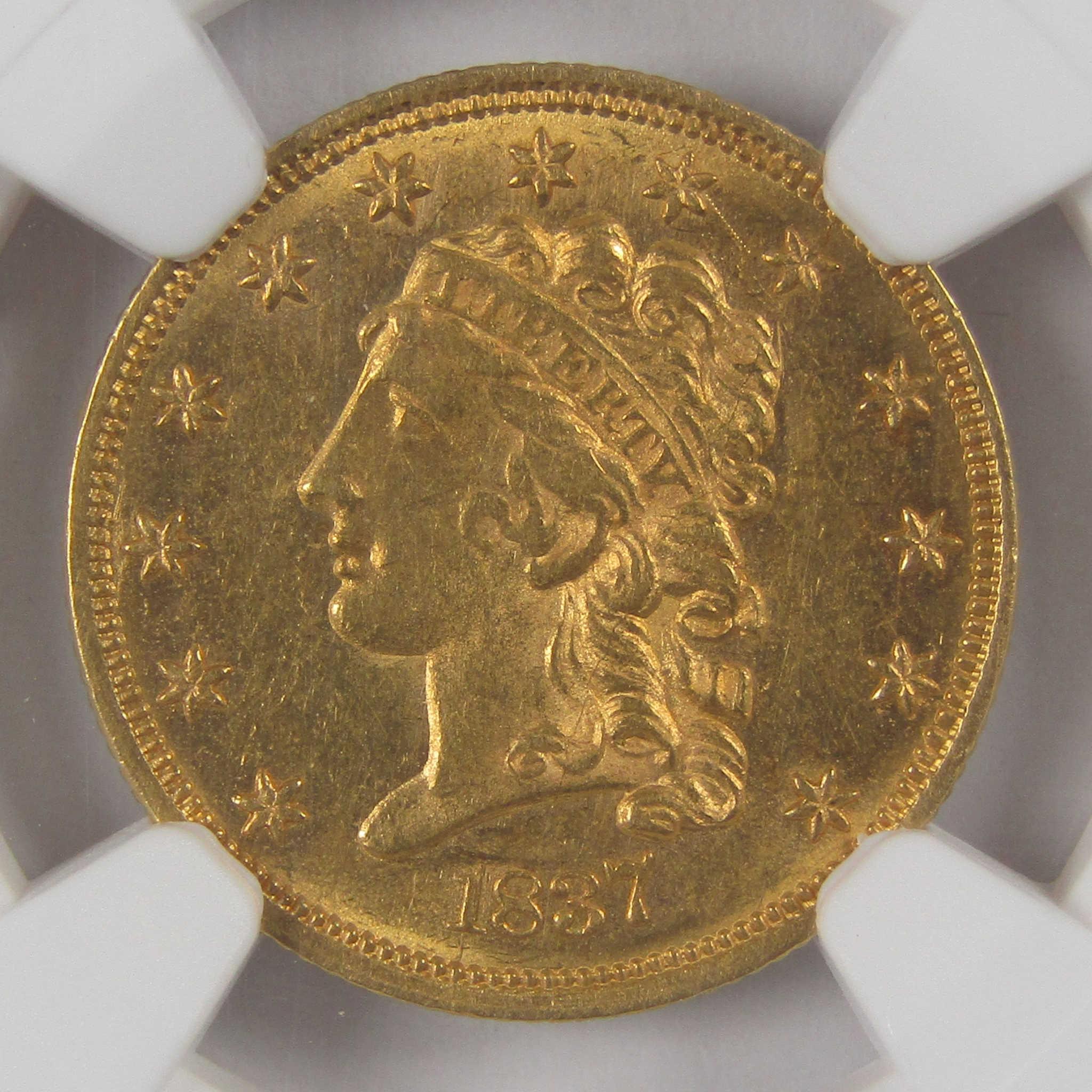 1837 Classic Head Gold Quarter Eagle MS 63 NGC Uncirculated $2.50 Coin