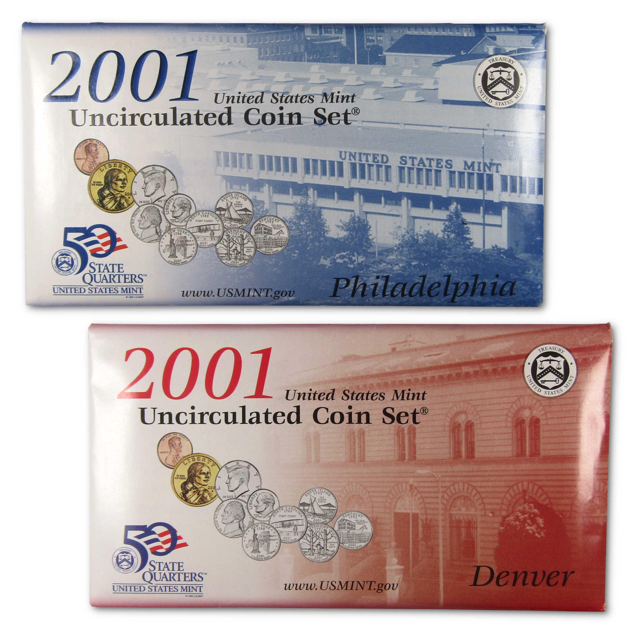 2001 US Mint uncirculated coin sets from Philadelphia and Denver in original packaging