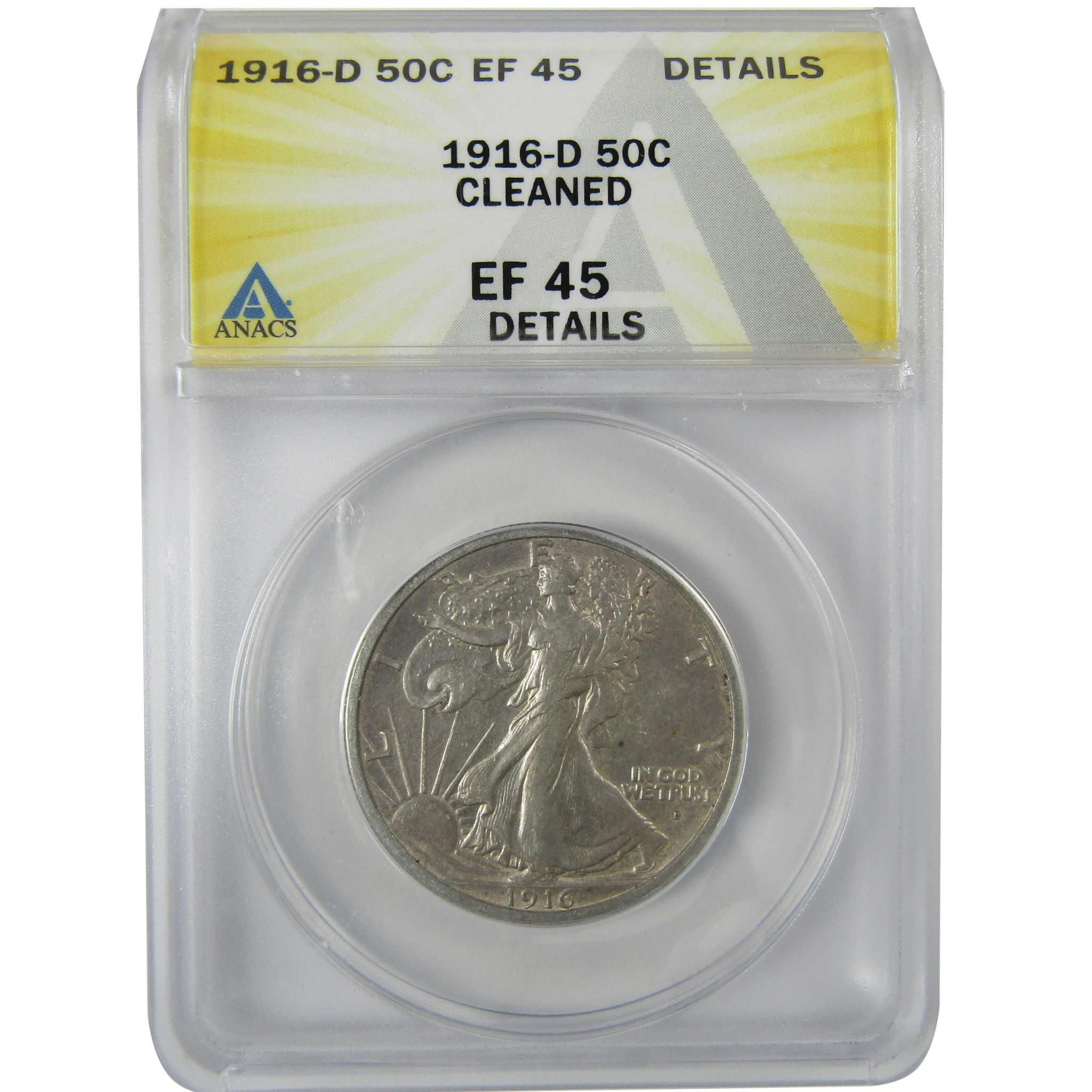 1916 D Liberty Walking Silver 50c EF 45 Details ANACS SKU:CP581
