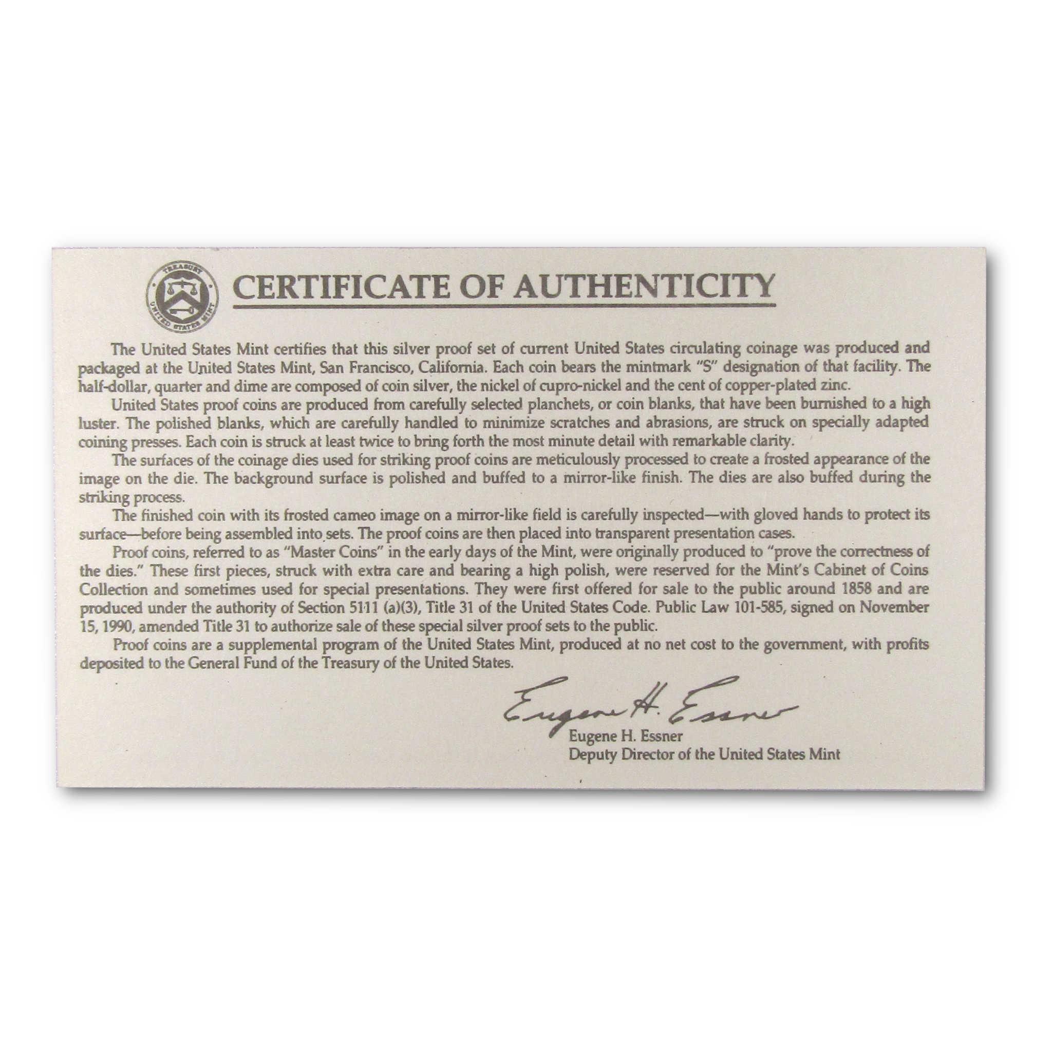 United States Mint certificate of authenticity for proof coin set on white background