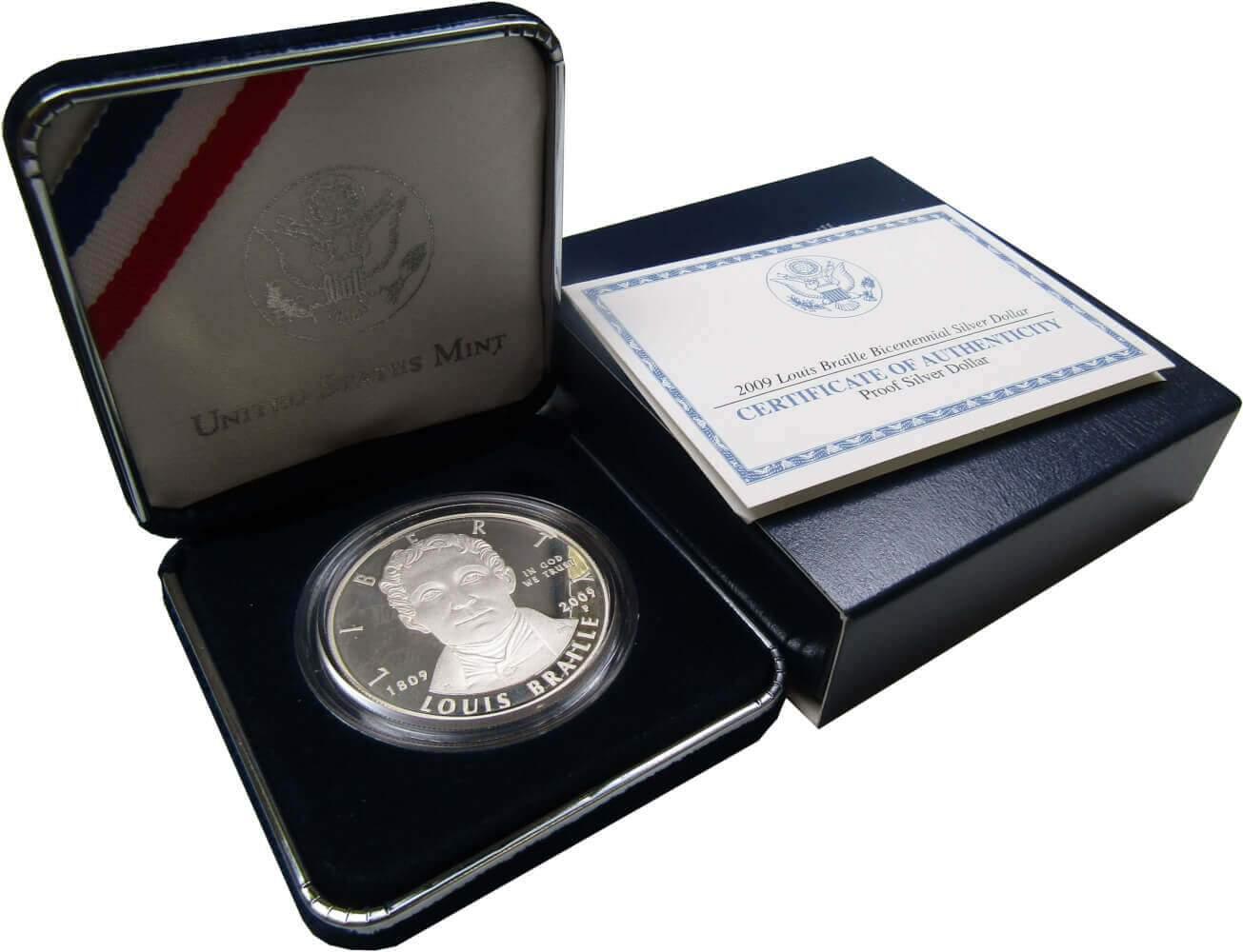 2009 P Louis Braille Commemorative Silver Dollar Proof $1 Coin OGP COA