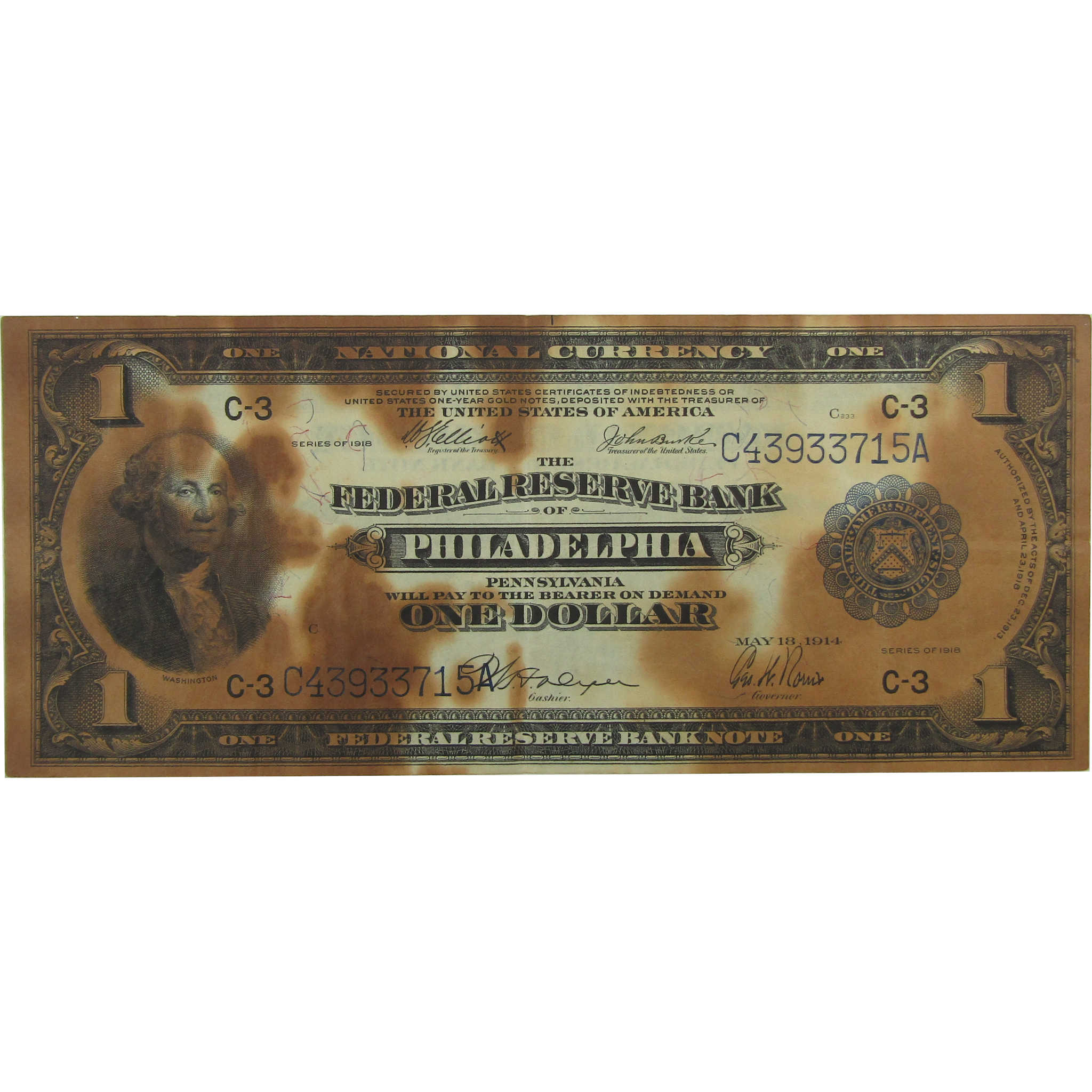 1918 $1 Federal Reserve Bank Note Philadelphia VF Details SKU:CPC0536