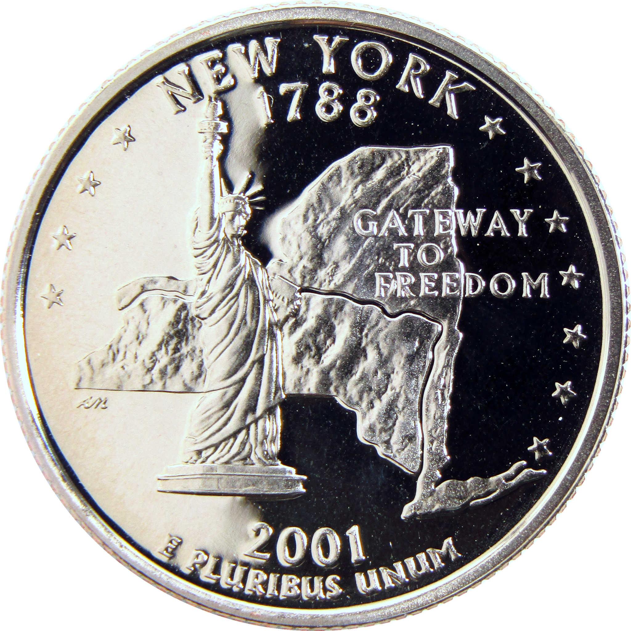 New York 2001 quarter featuring Statue of Liberty, state outline, collectible coin