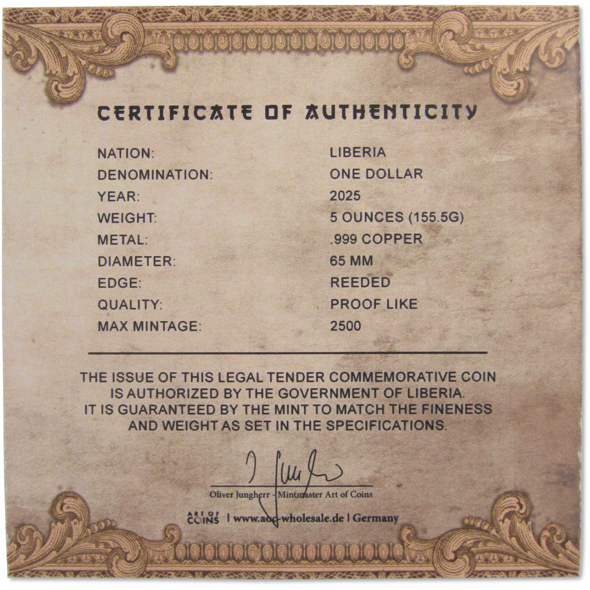 African Elephant 5 oz .999 Giant Copper Proof-Like Coin 2025 Liberia