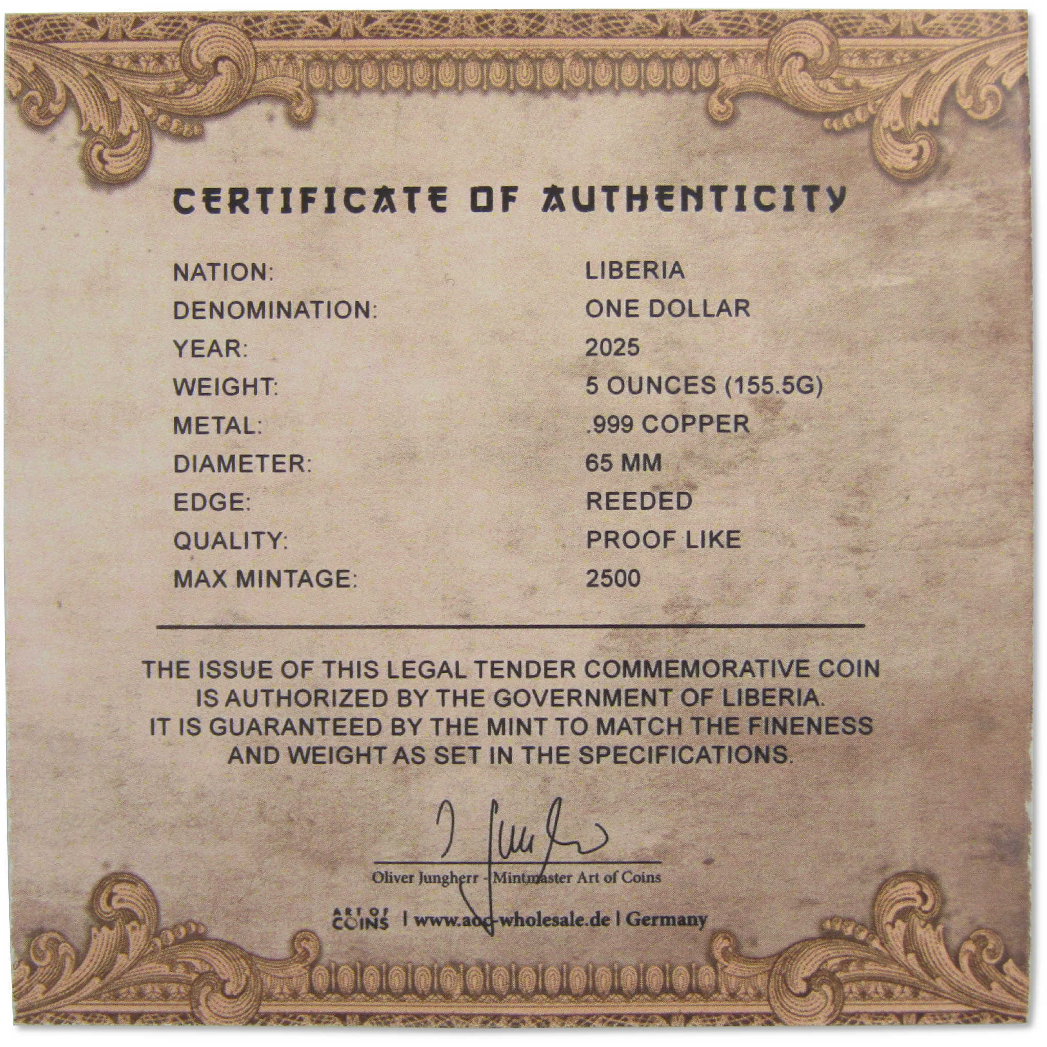 African Elephant 5 oz .999 Giant Copper Proof-Like Coin 2025 Liberia