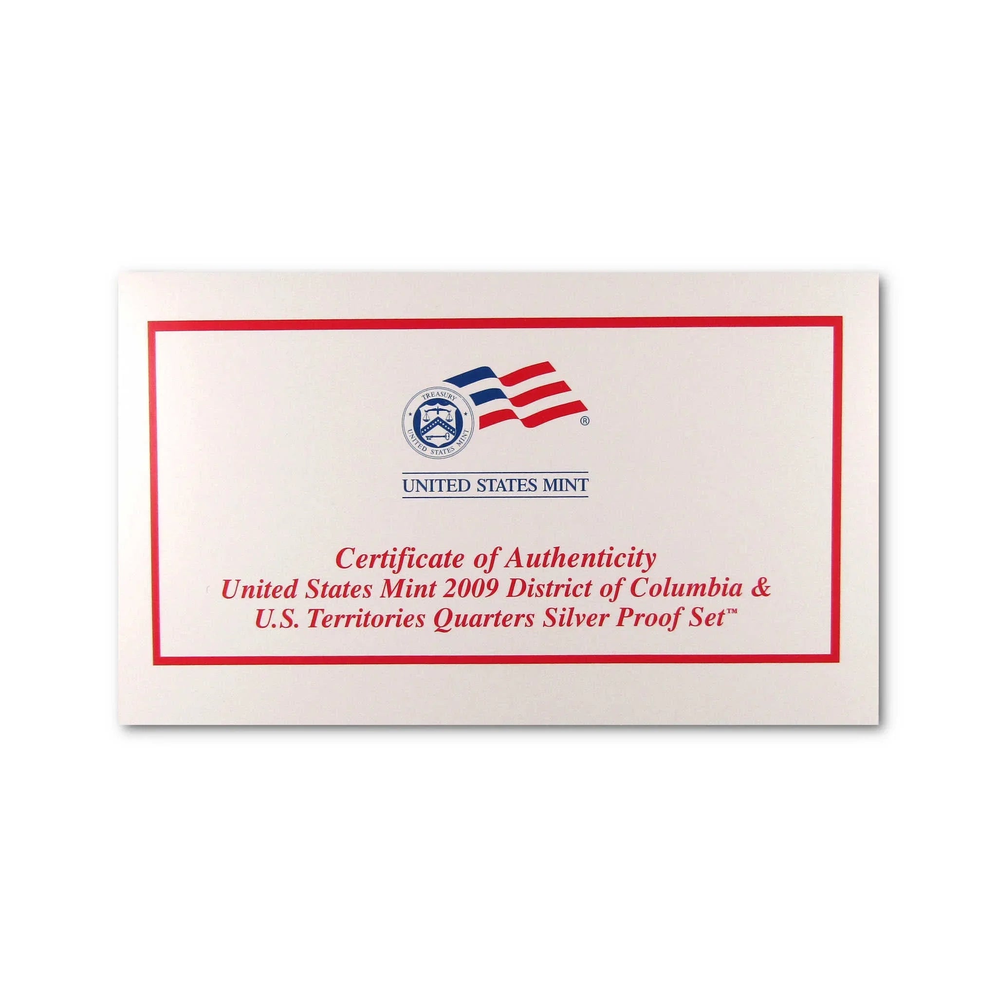 Certificate of authenticity for 2009 US Mint District of Columbia quarters silver proof set