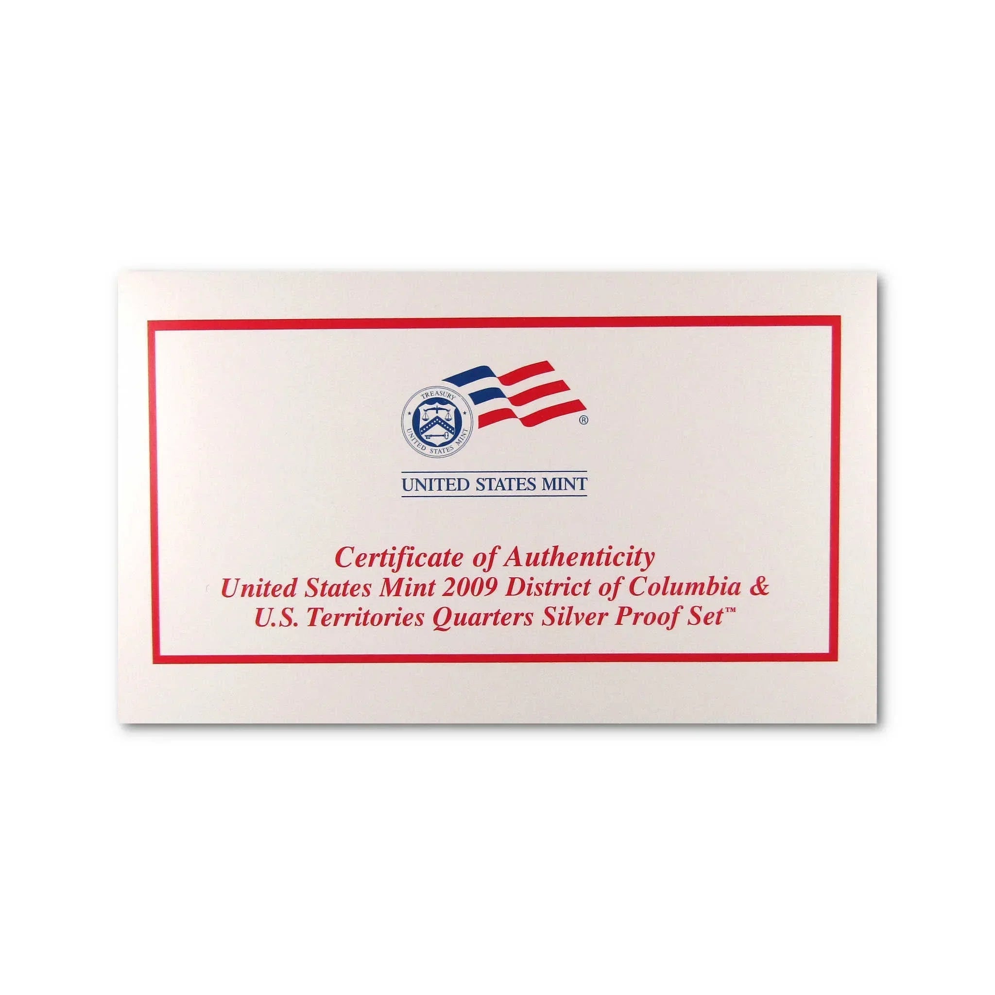 Certificate of authenticity for 2009 US Mint District of Columbia quarters silver proof set