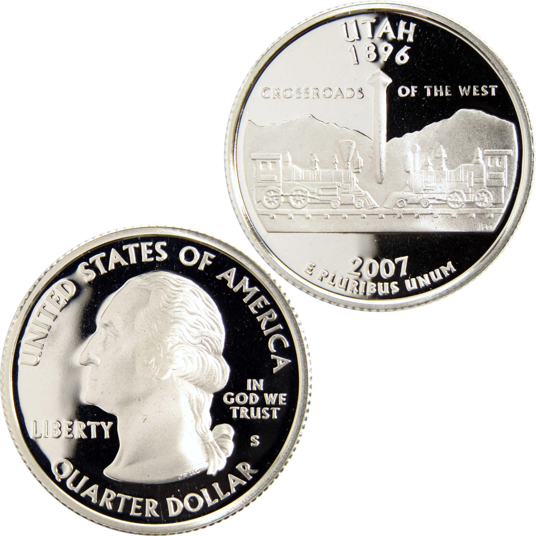 Utah 2007 commemorative quarter dollar, featuring two trains and Transcontinental Railroad design.