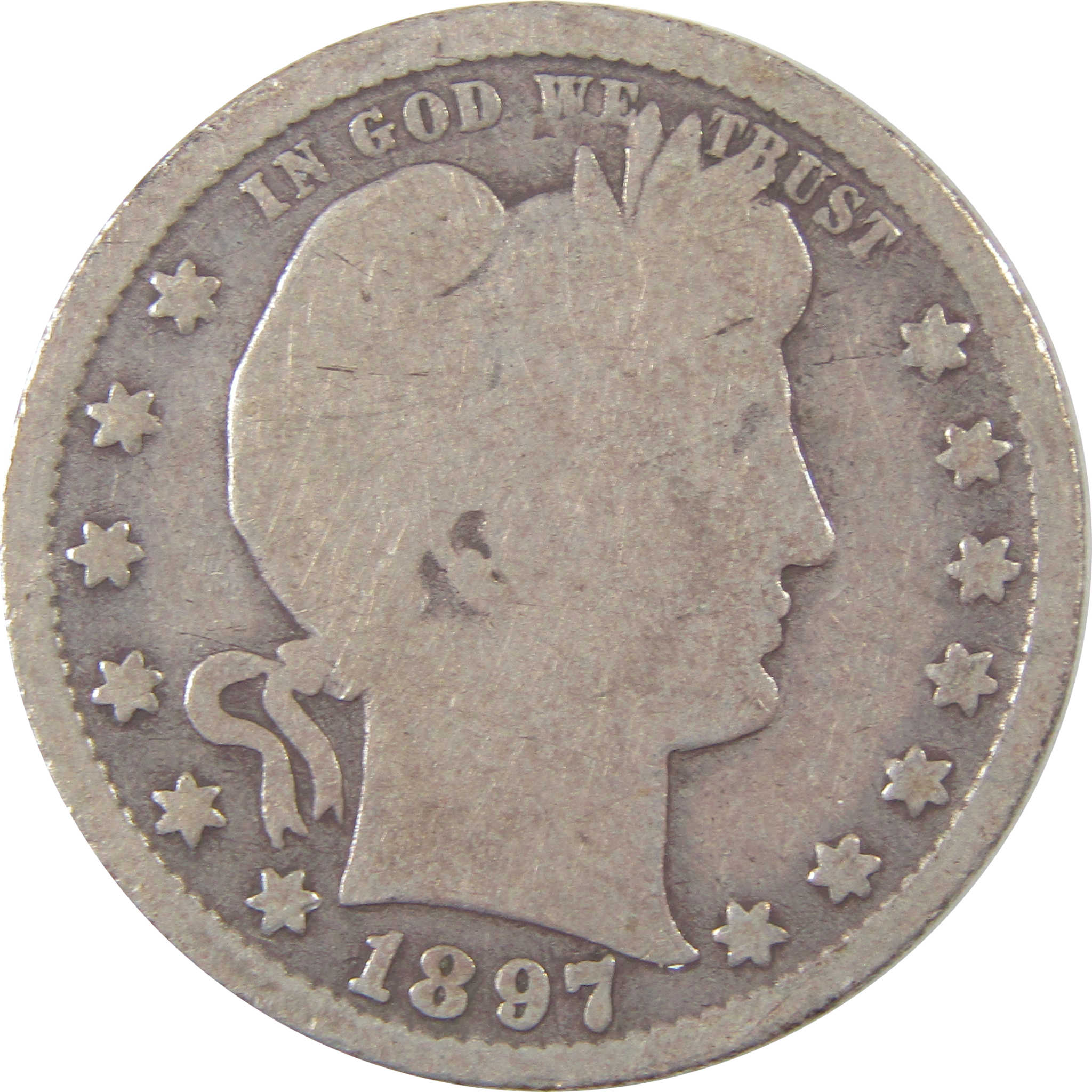 1897 S Barber Quarter G Good Silver 25c Coin SKU:I18817