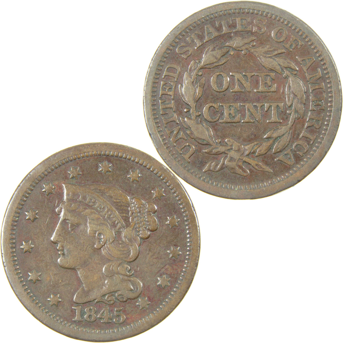 1845 Braided Hair Copper Large Cent VF Very Fine Penny 1c Coin