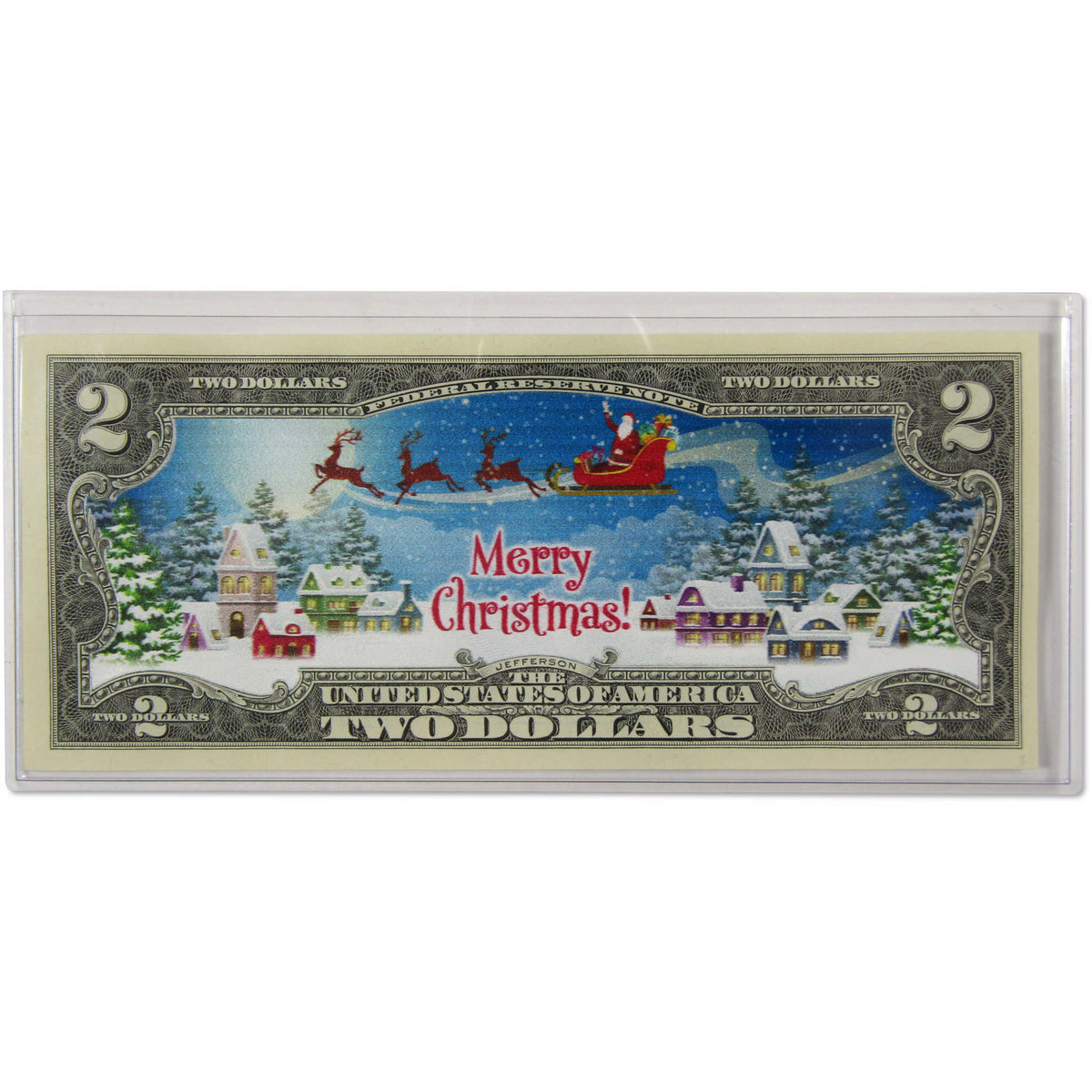 Santa's Sleigh Colorized $2 Federal Reserve Note Merry Christmas Card