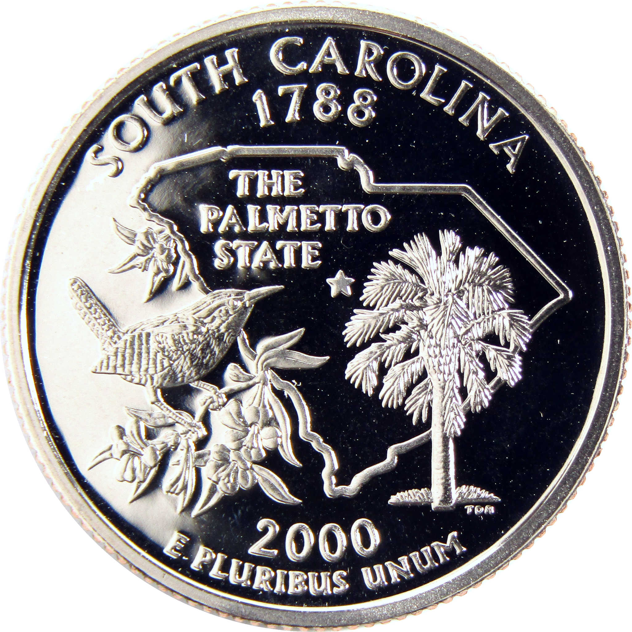 South Carolina 2000 commemorative state quarter with palmetto tree, outline, and bird design