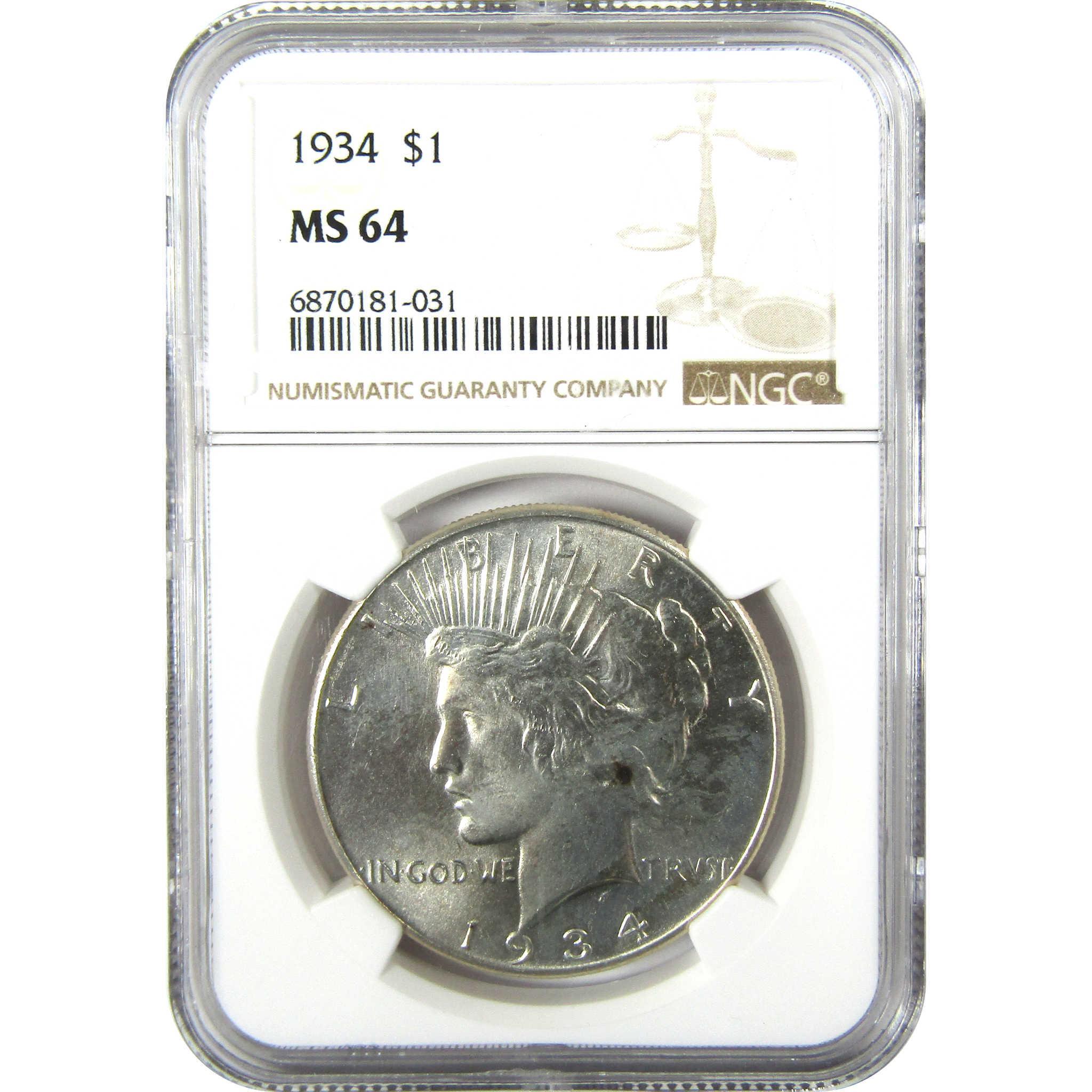 1934 Peace Silver Dollar MS 64 NGC Uncirculated $1 Coin SKU:I26023