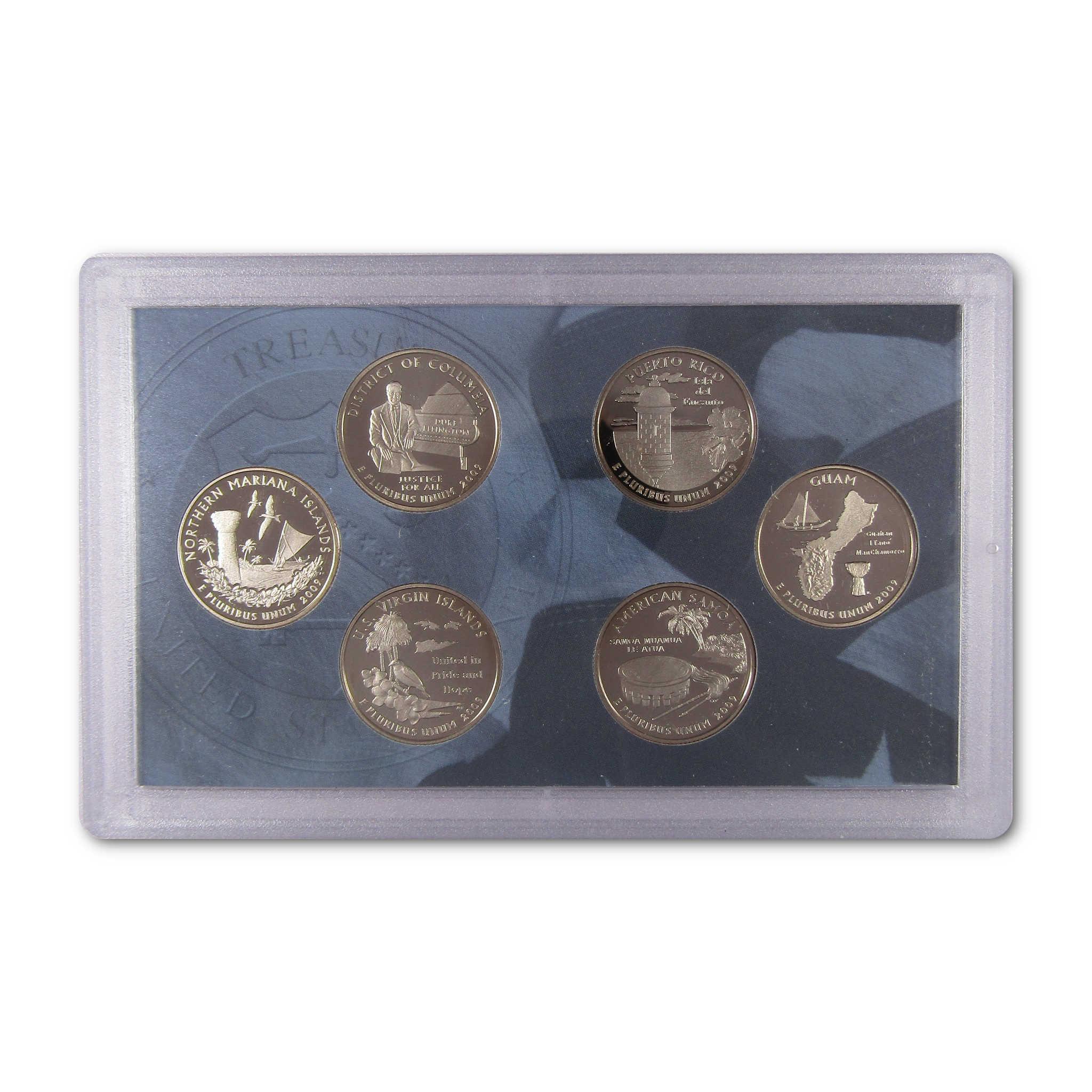 US territories collectible coin set in clear display case, six coins with unique designs