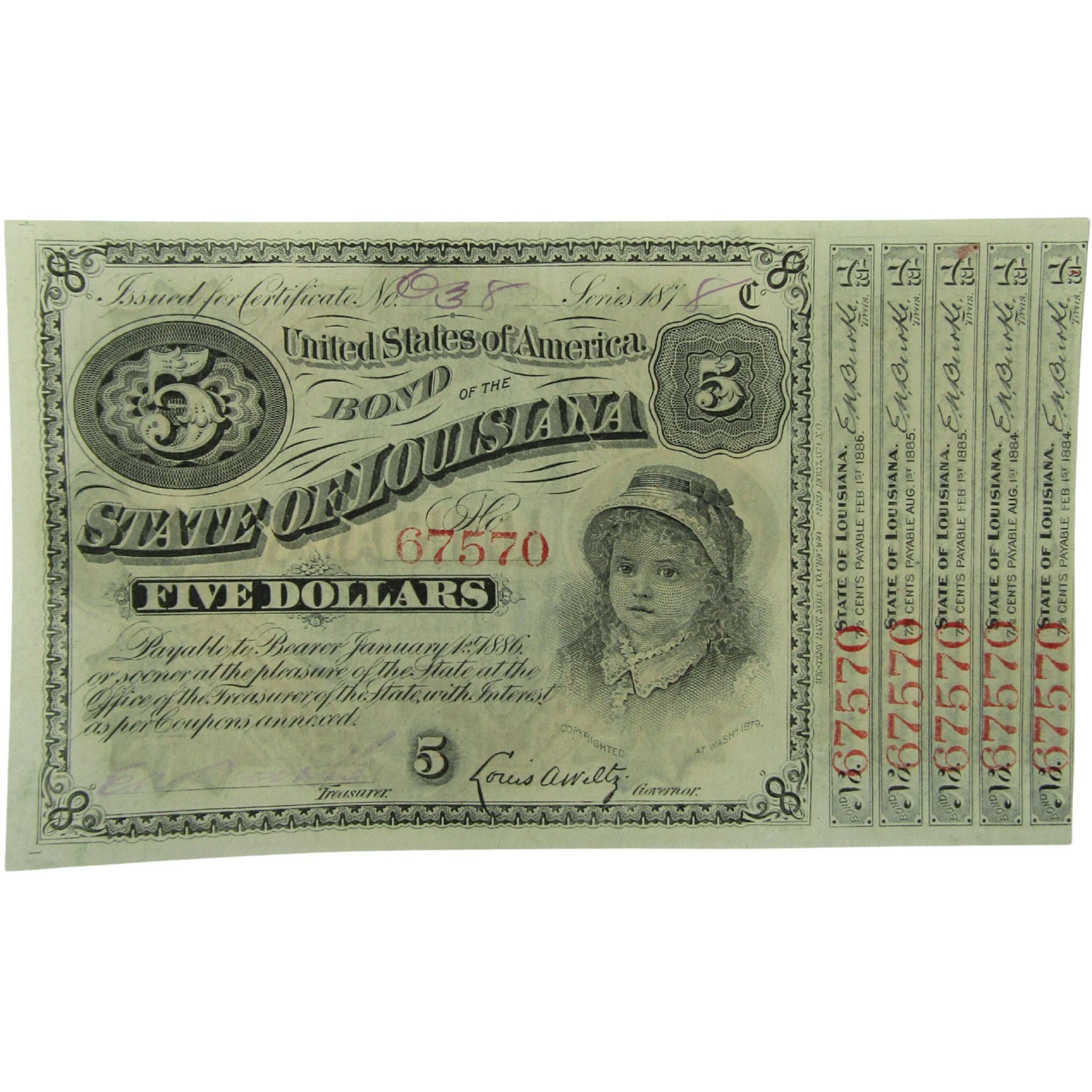 1878 $5 Louisiana Interest Bearing Baby Bond Circulated SKU:I25990