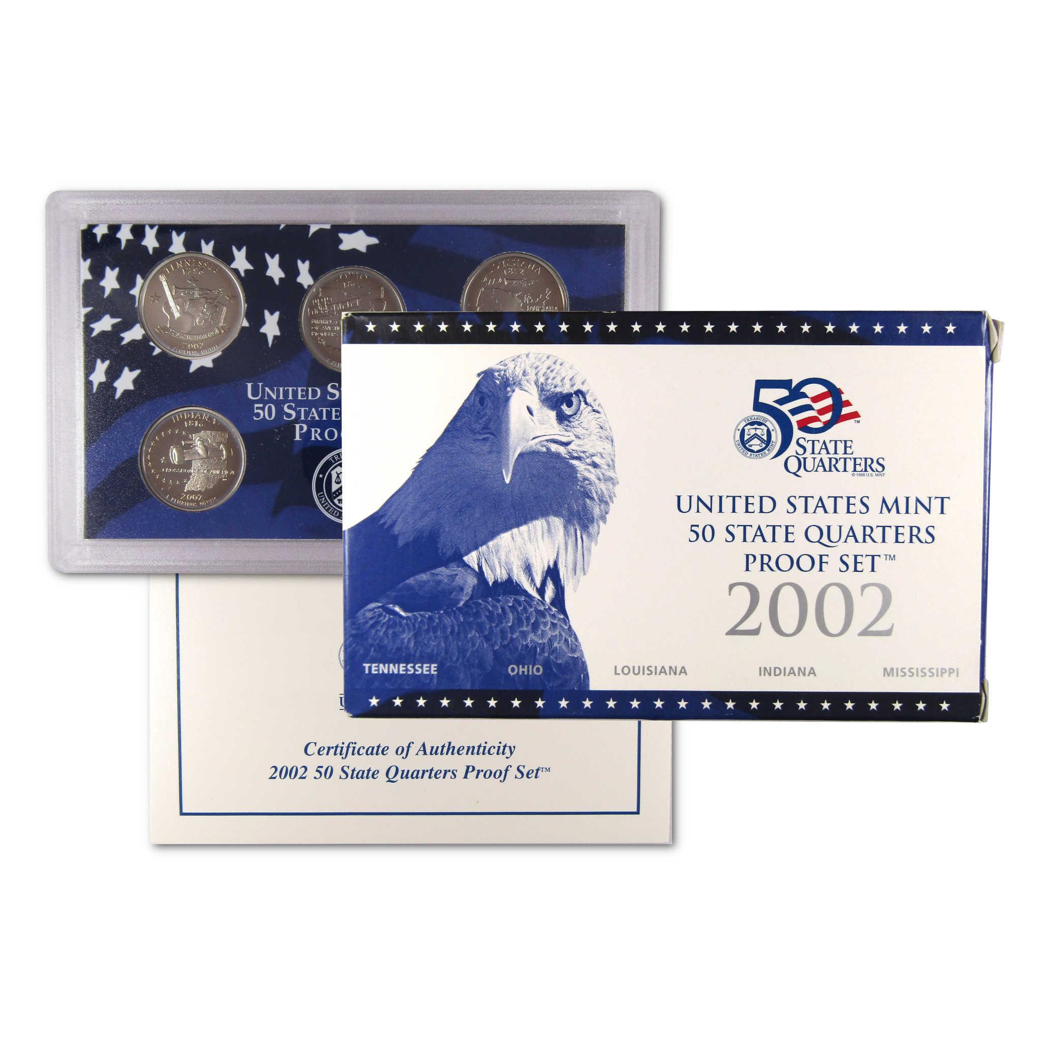 2002 United States Mint 50 State Quarters Proof Set with coins, box, and certificate