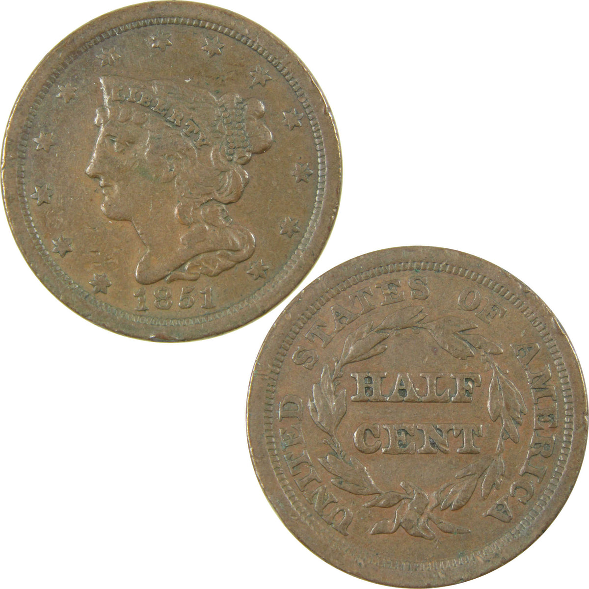 1851 Braided Hair Copper Half Cent VF Very Fine Details SKU:CP1786