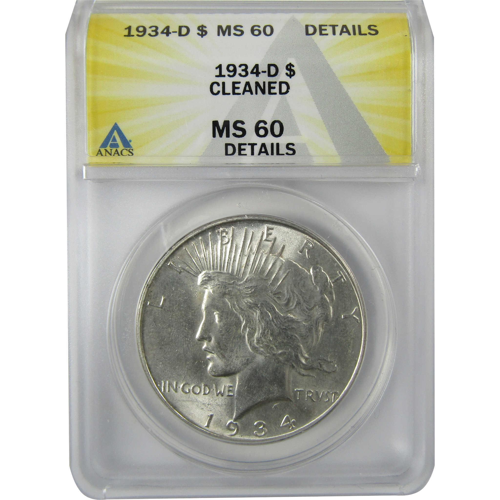 1934 D Peace Silver Dollar MS 60 Details ANACS Uncirculated SKU:CP588