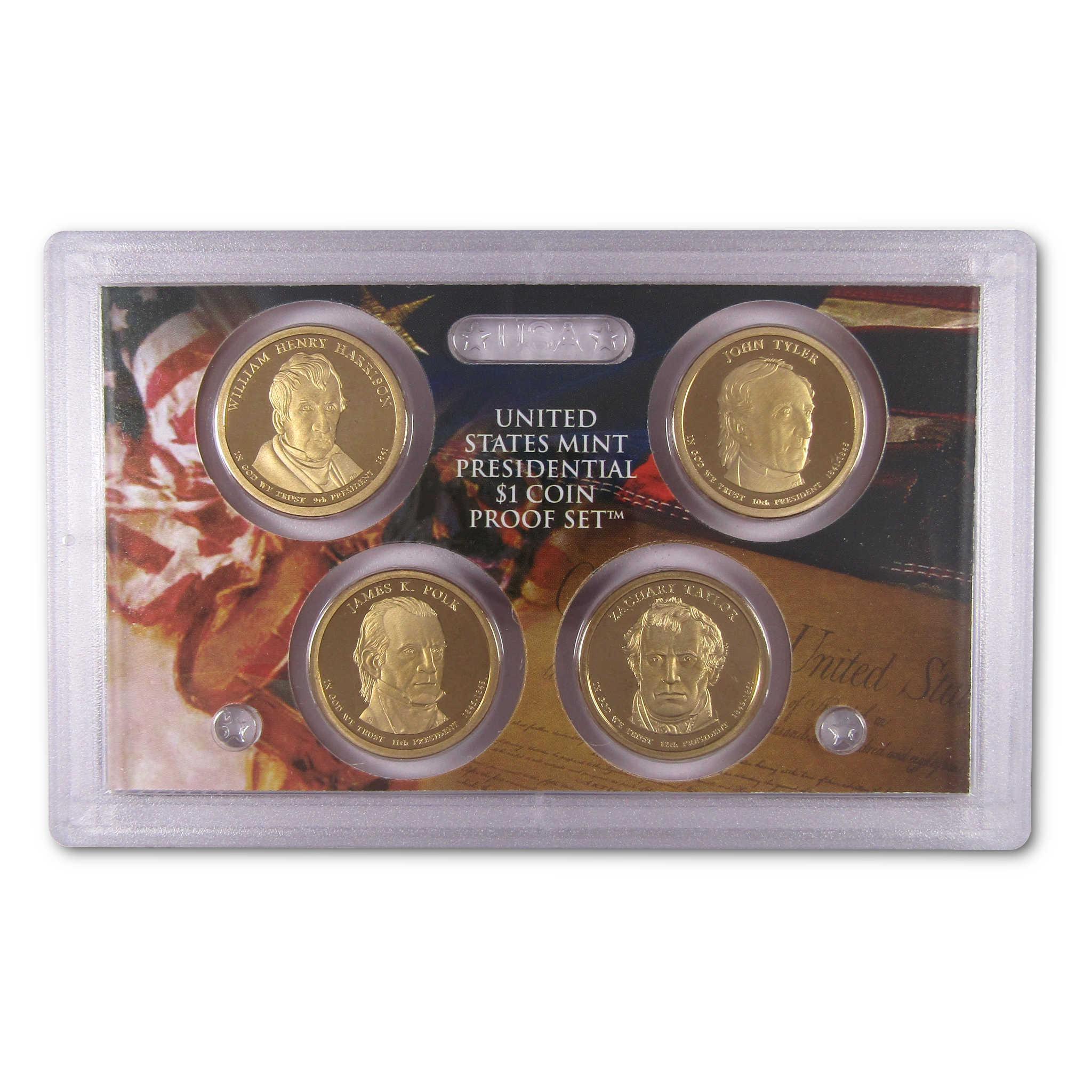 United States Mint Presidential $1 coin proof set with four collectible coins in display case