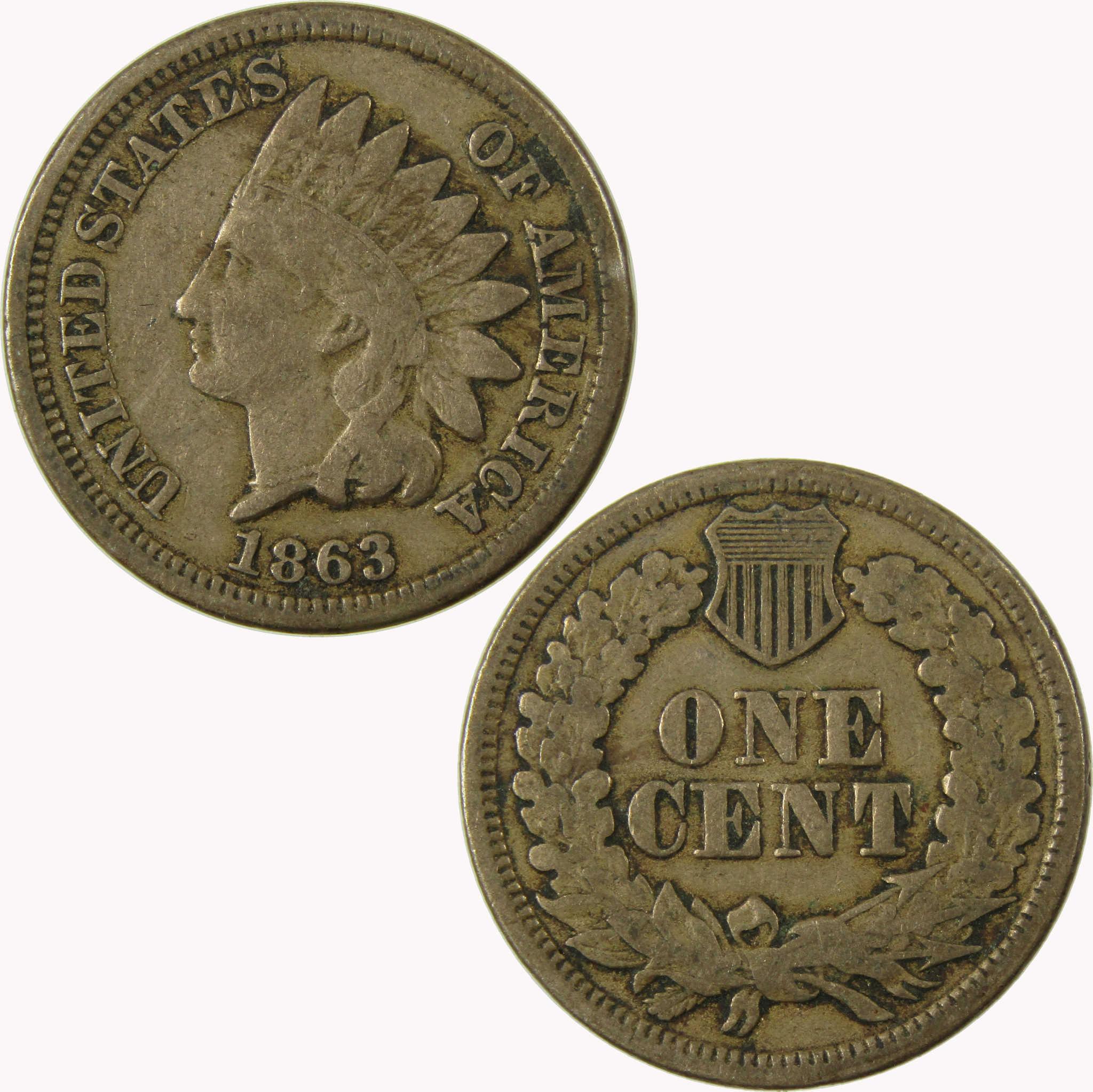 1863 Indian Head Cent F Fine Penny 1c Coin SKU:CP1108