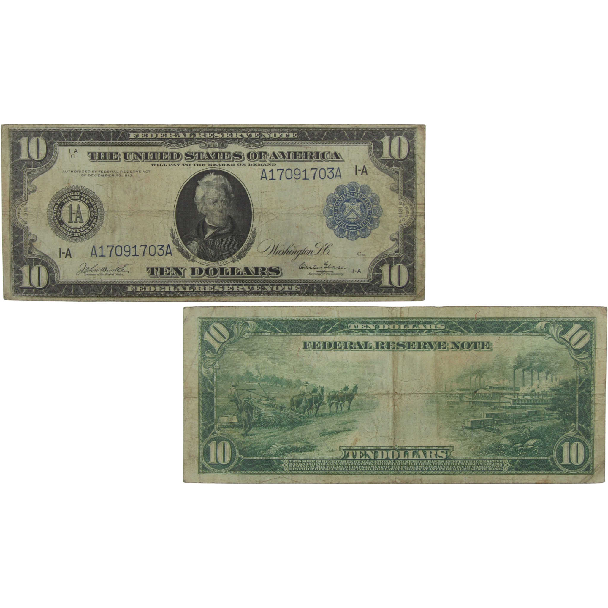 1914 $10 Large Size Federal Reserve Note Fr 905 F Fine Currency