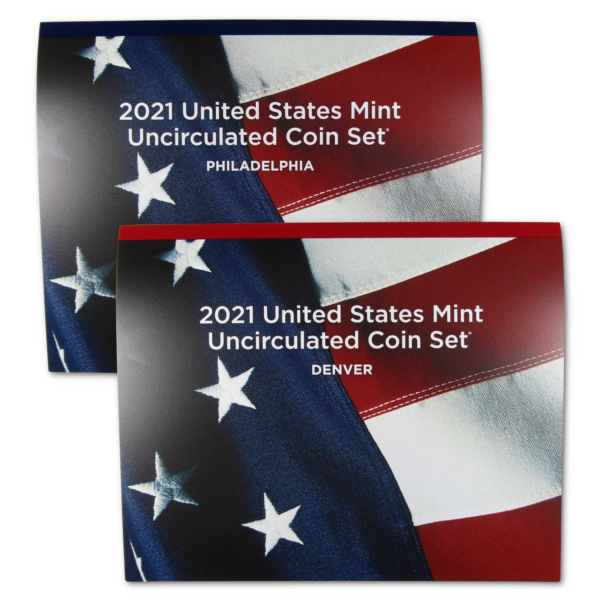 2021 United States Mint Uncirculated Coin Set packages, Philadelphia and Denver editions, with American flag design.