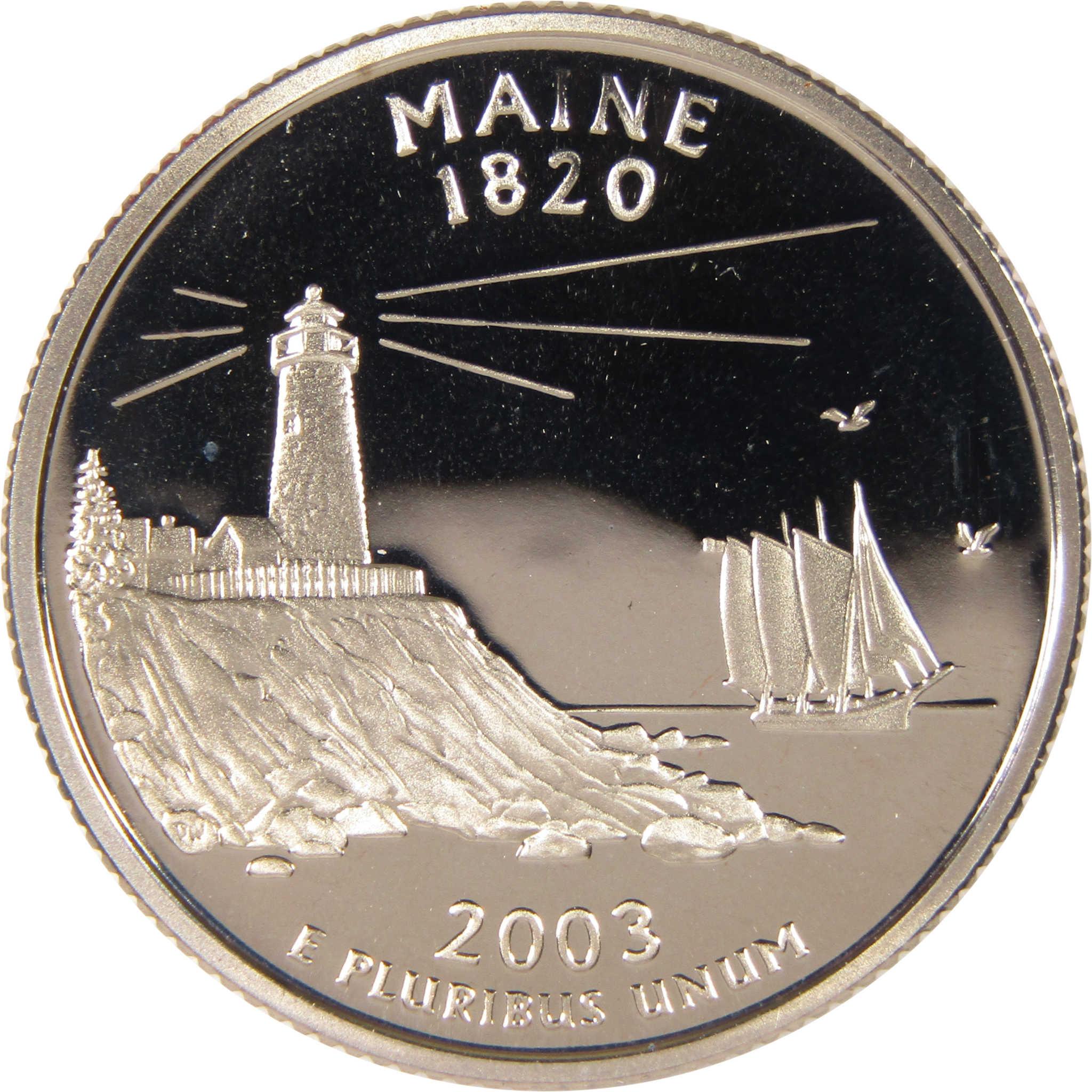 Maine 2003 state quarter featuring a lighthouse, sailboat, and birds.