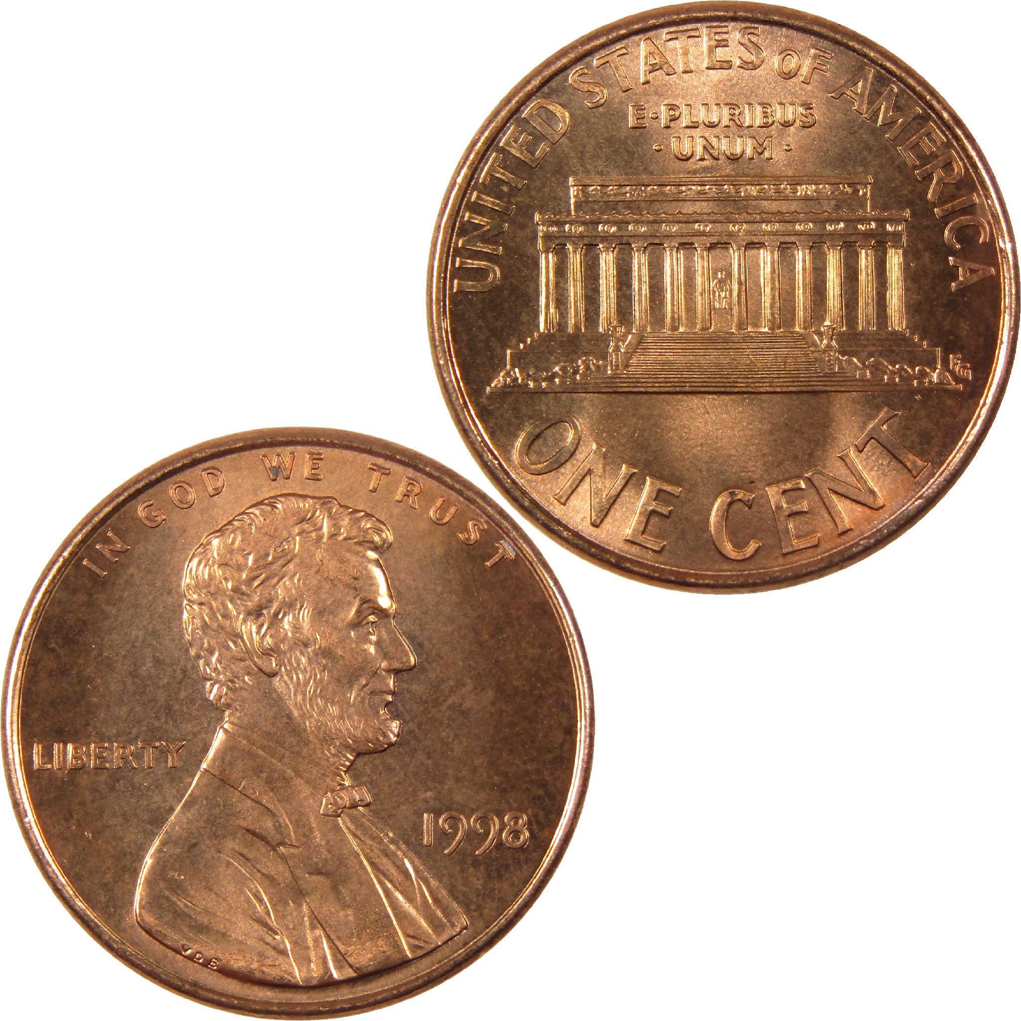 1998 Lincoln penny collectible coin with Abraham Lincoln and Lincoln Memorial design