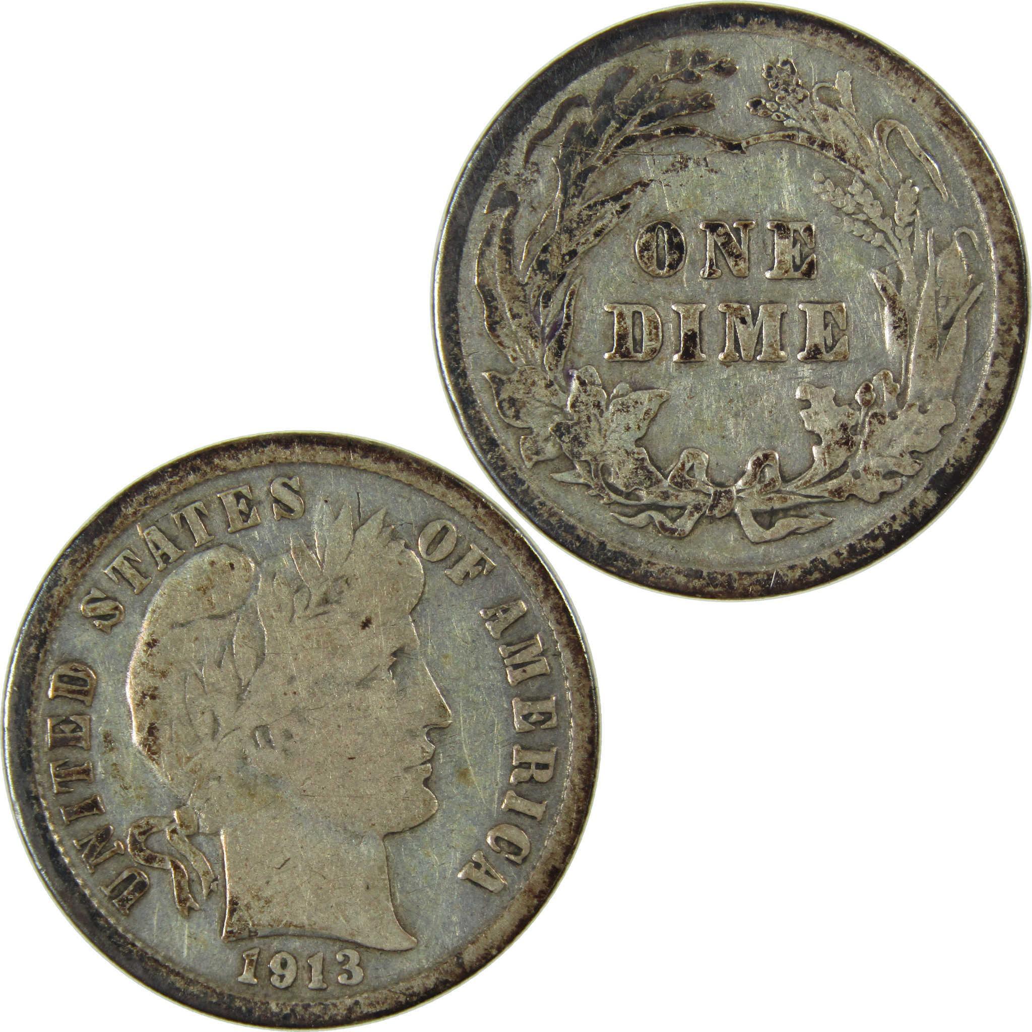 1913 Barber Silver Dime VG Very Good 10c Coin Collectible SKU:CP88