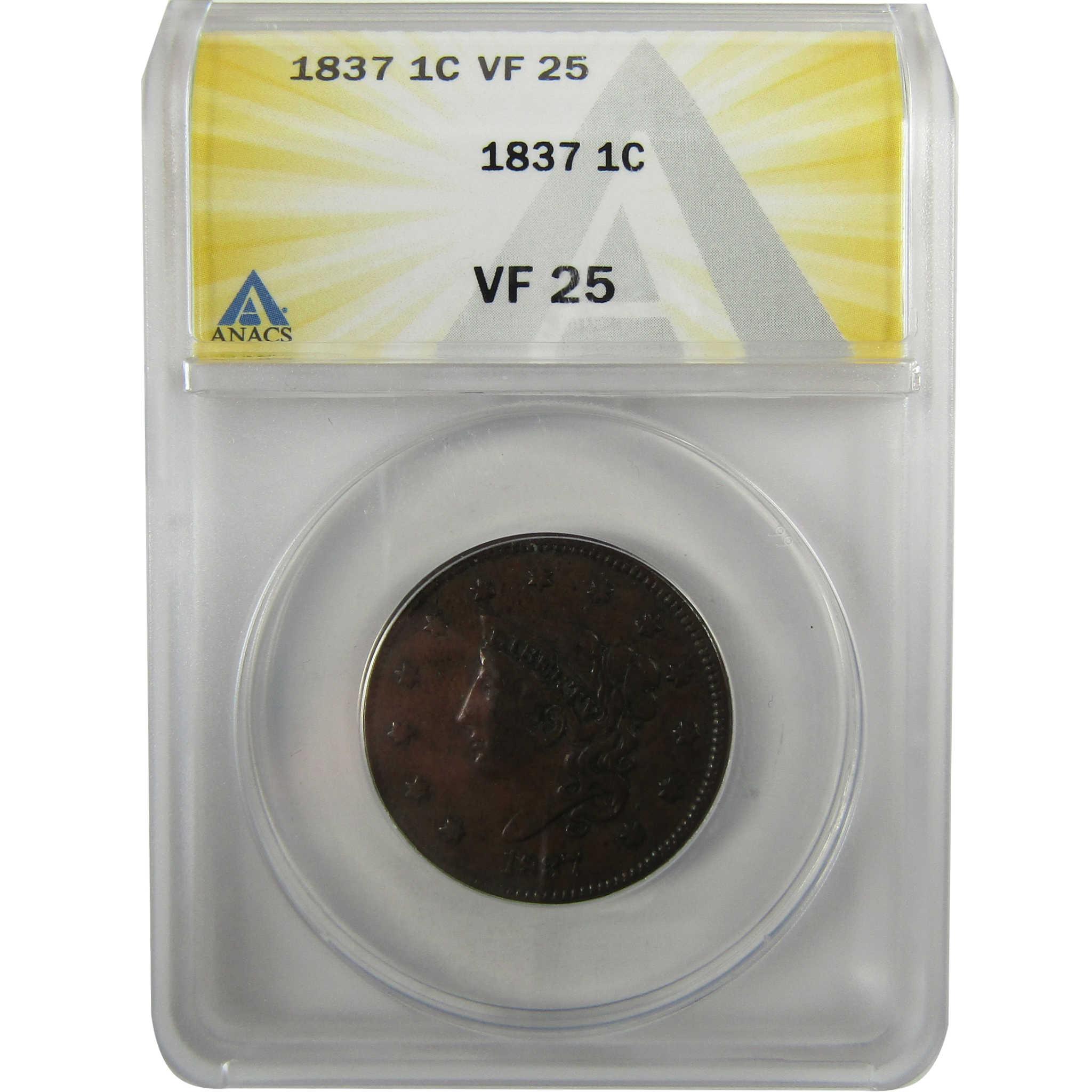 1837 Plain Cord Medium Letters Coronet Lrg 1c VF 25 ANACS SKU:I28030