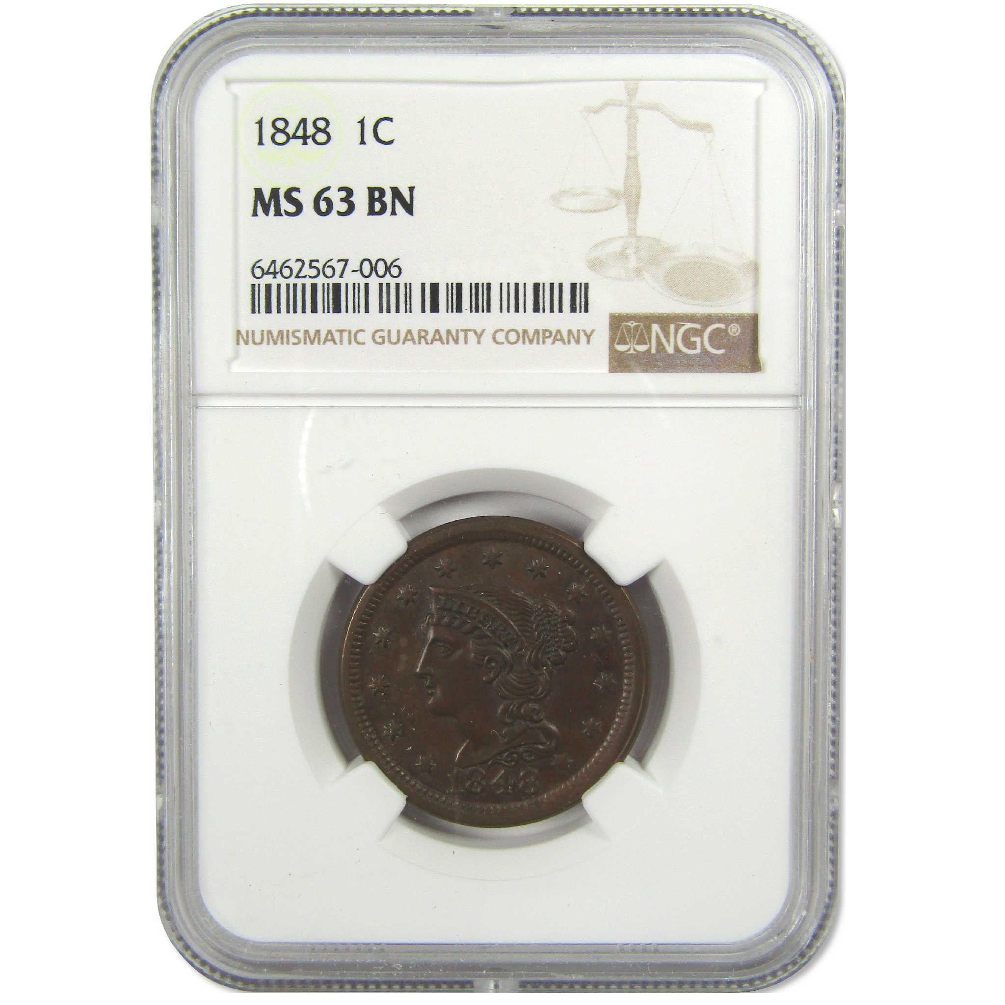 1848 Braided Hair Large Cent MS 63 BN NGC Uncirculated SKU:I9197