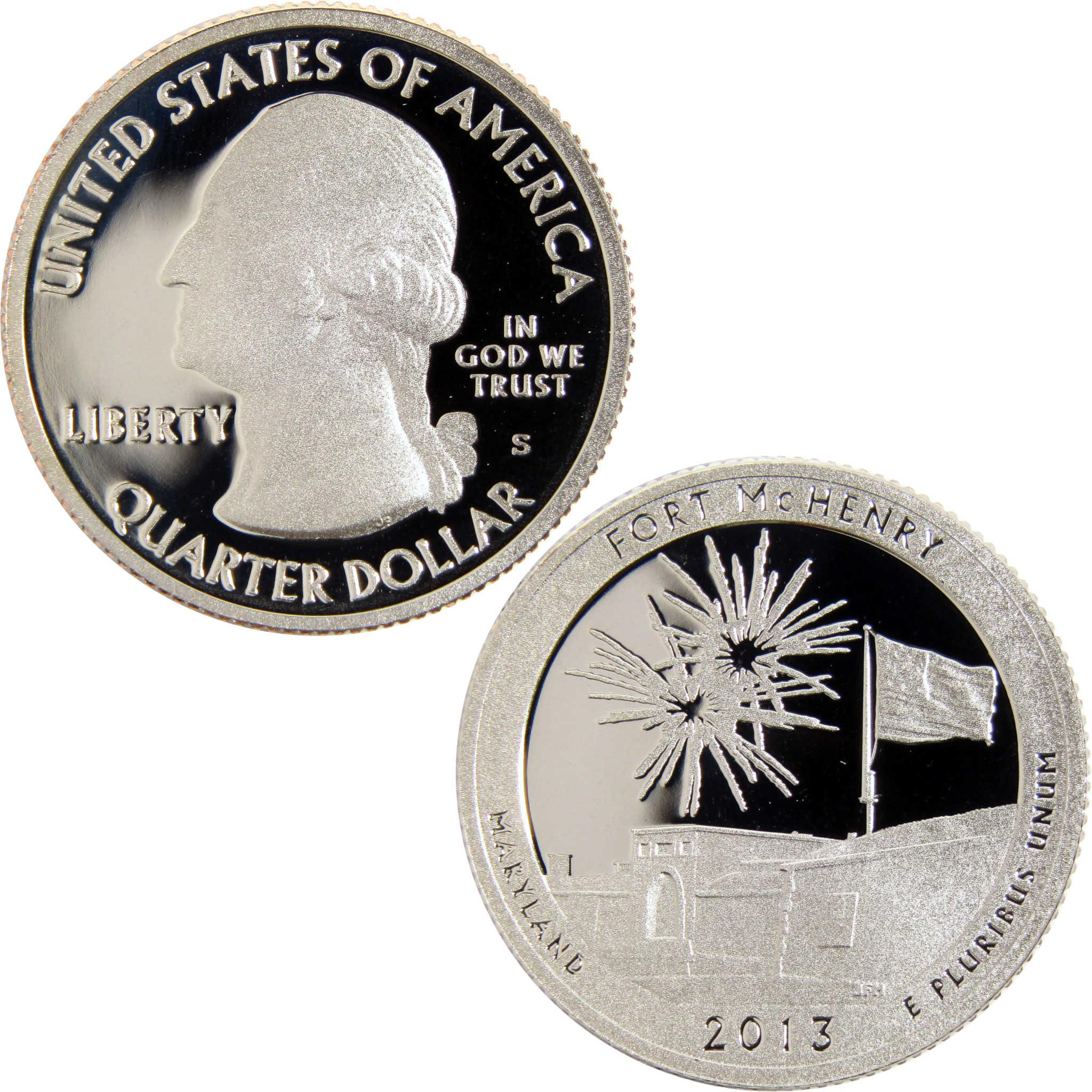 2013 Fort McHenry Maryland quarter dollar proof coin with fireworks and flag design