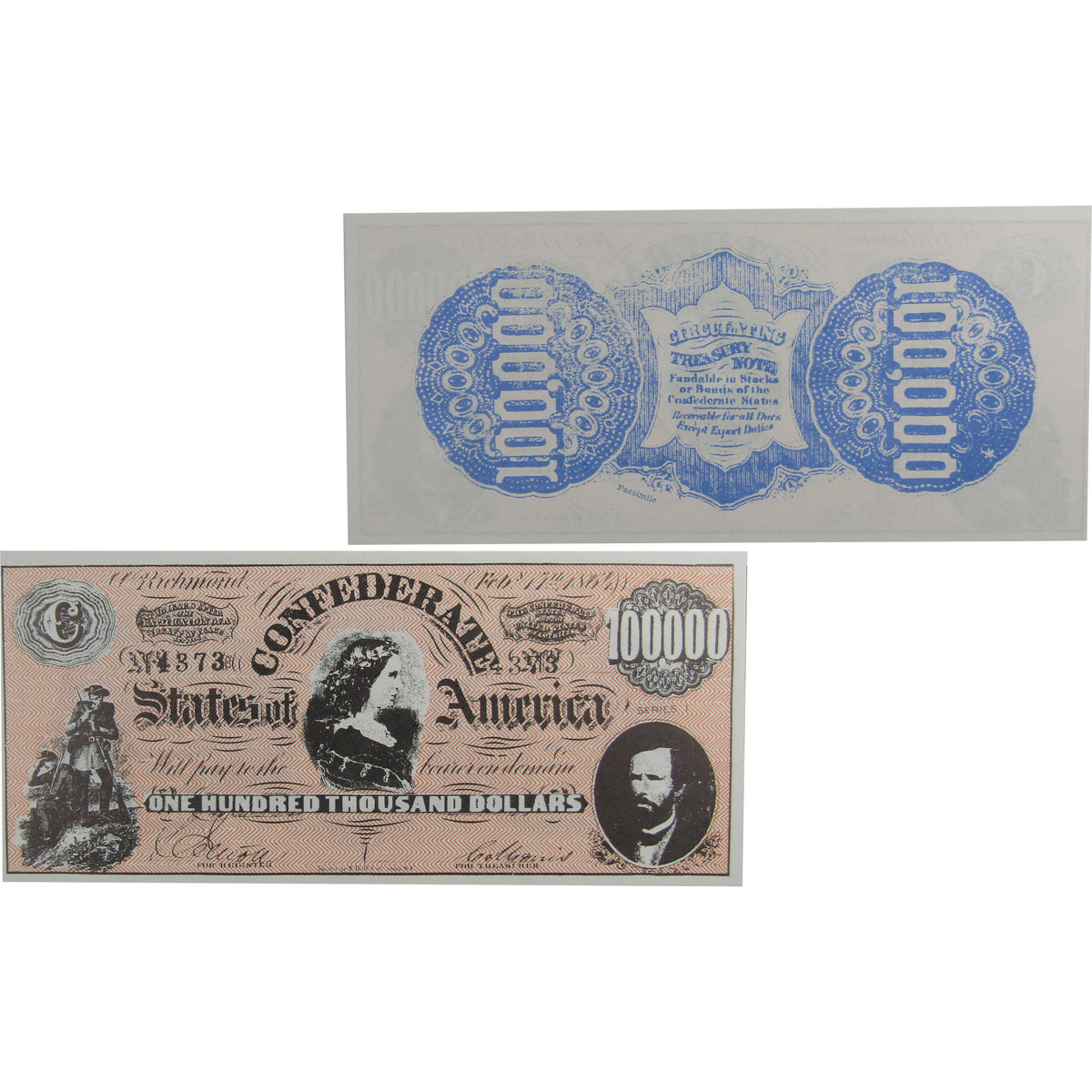 1864 Confederate Sates of America $100,000 Fantasy Note