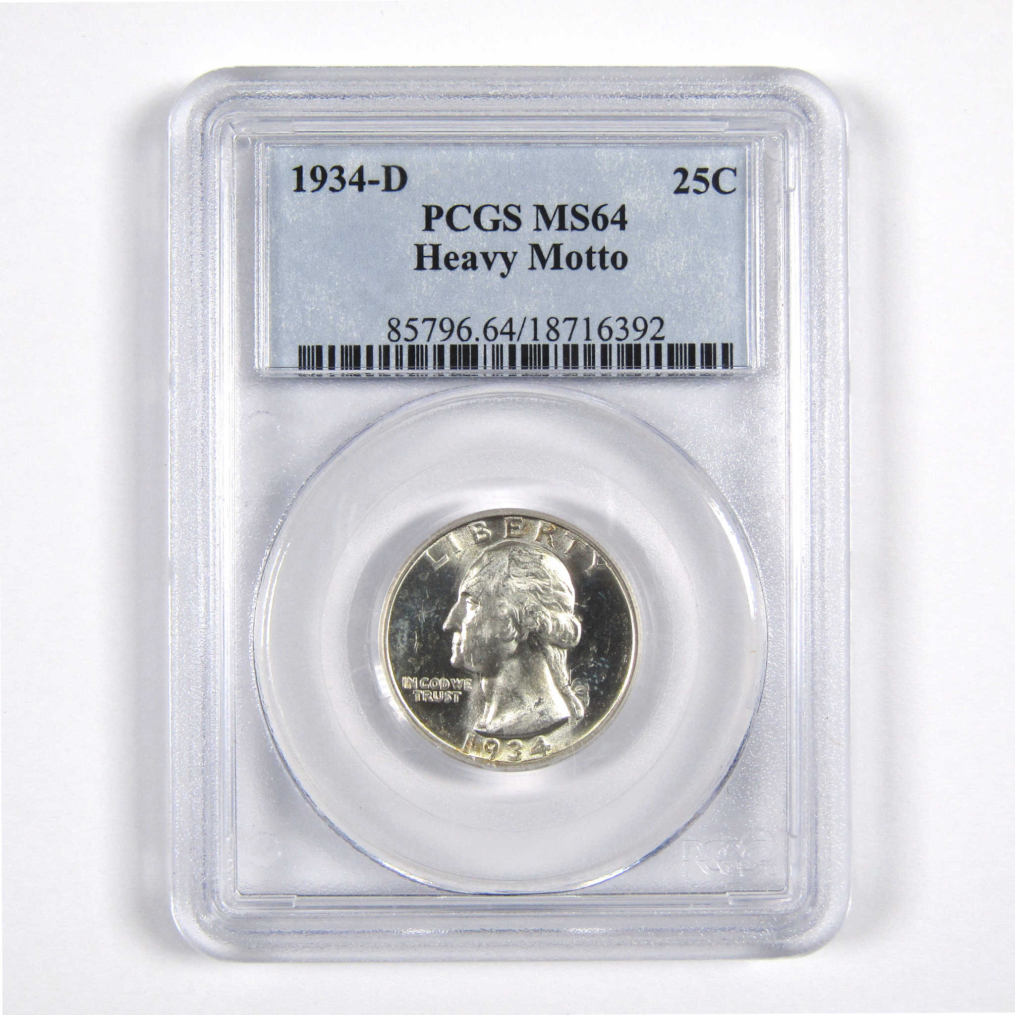 1934 D Heavy Motto Washington Quarter MS 64 PCGS 90% Silver SKU:I8674