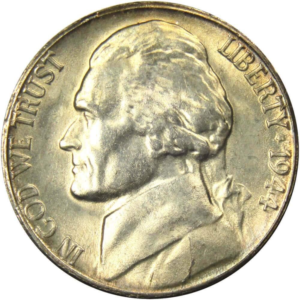 1944 S Jefferson Wartime Silver Nickel Uncirculated Mint State 5c Coin