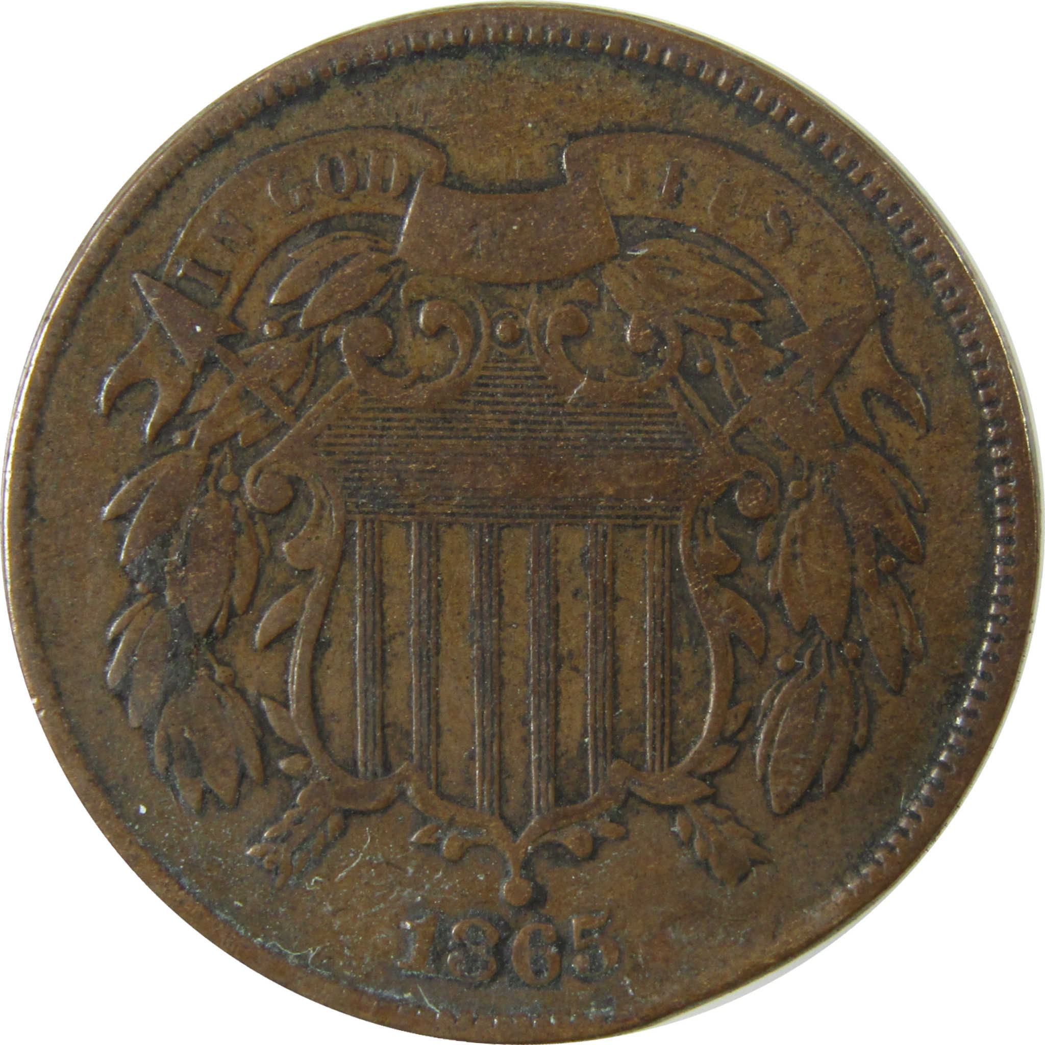 1865 Two Cent Piece F Fine 2c Coin Planchet Flaw SKU:I28243