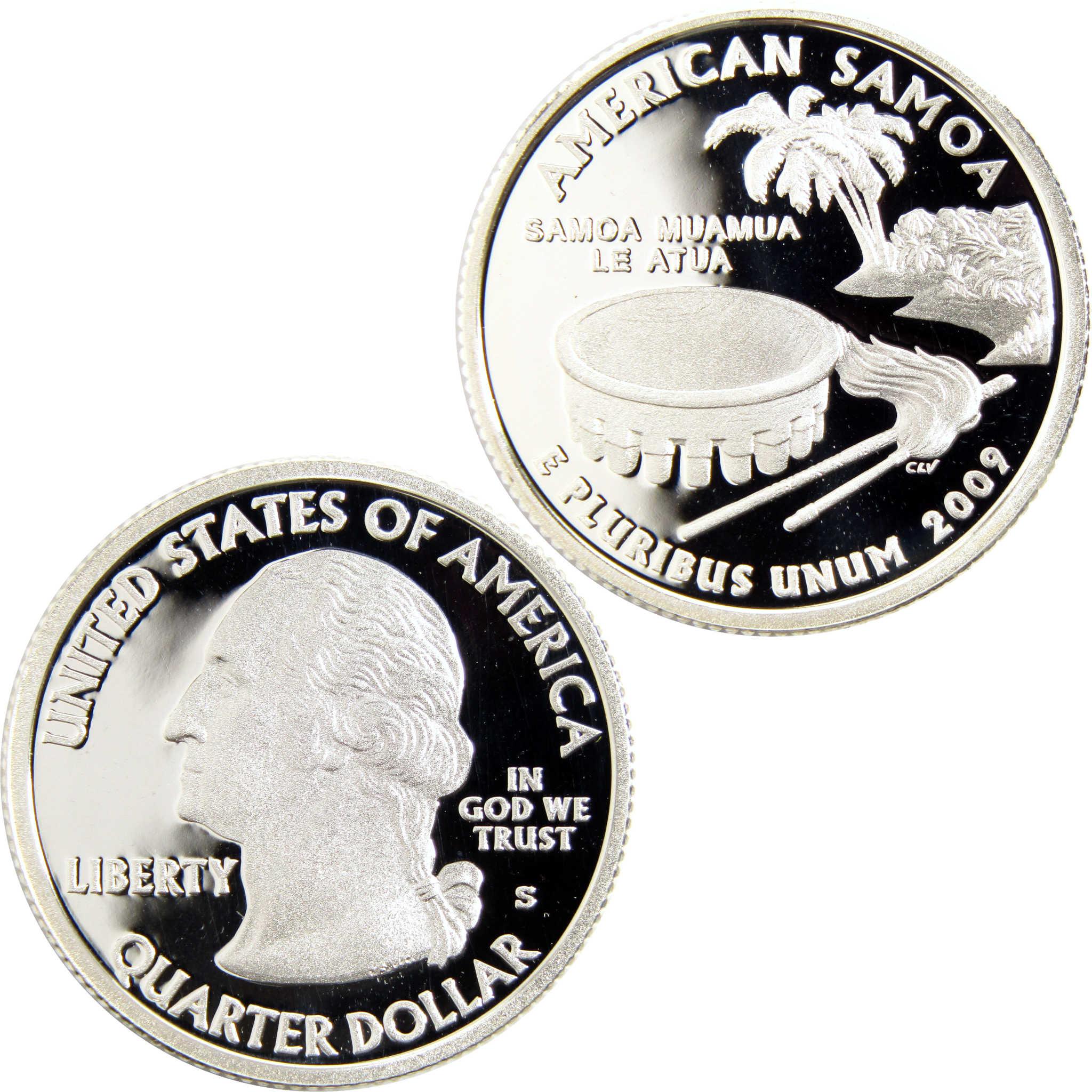 2009 American Samoa quarter dollar collectible coin, proof finish, obverse and reverse