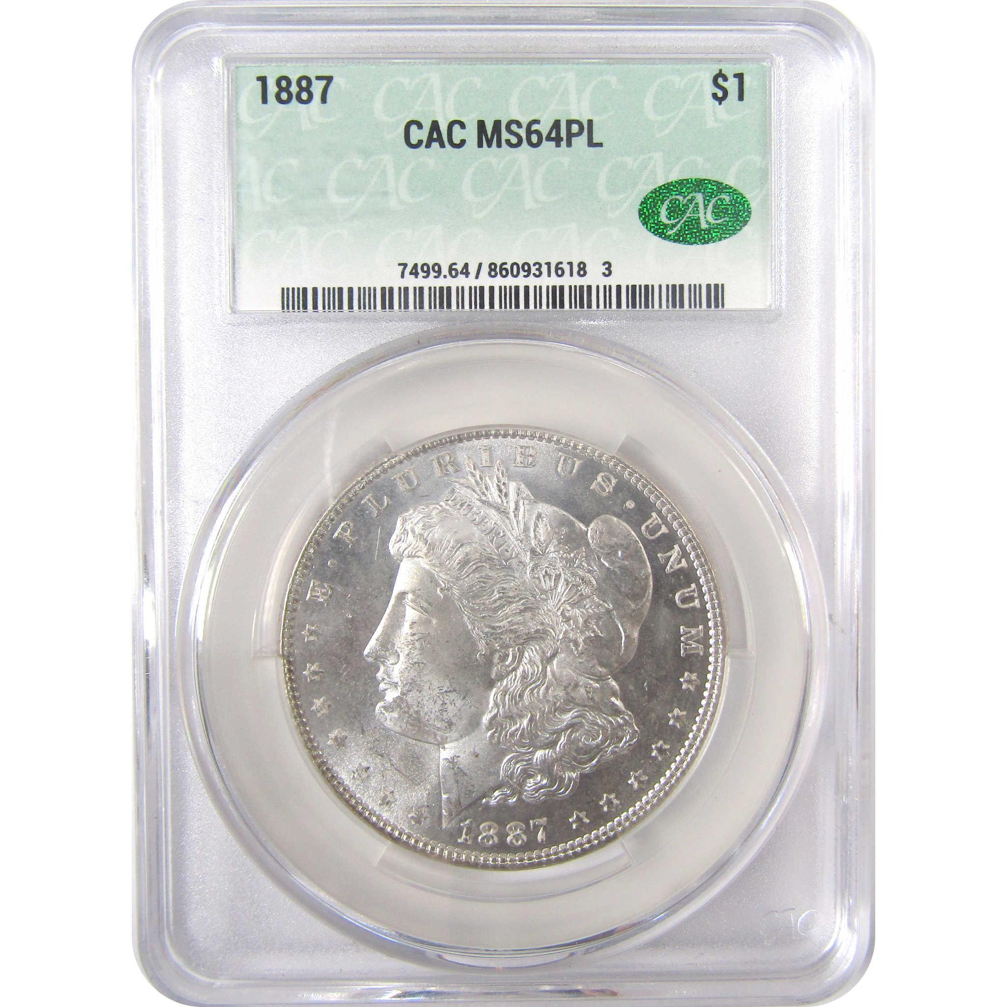 1887 Morgan Dollar MS 64 PL CAC Silver Proof-Like $1 Coin SKU:I17407 - Morgan coin - Morgan silver dollar - Morgan silver dollar for sale - Profile Coins & Collectibles