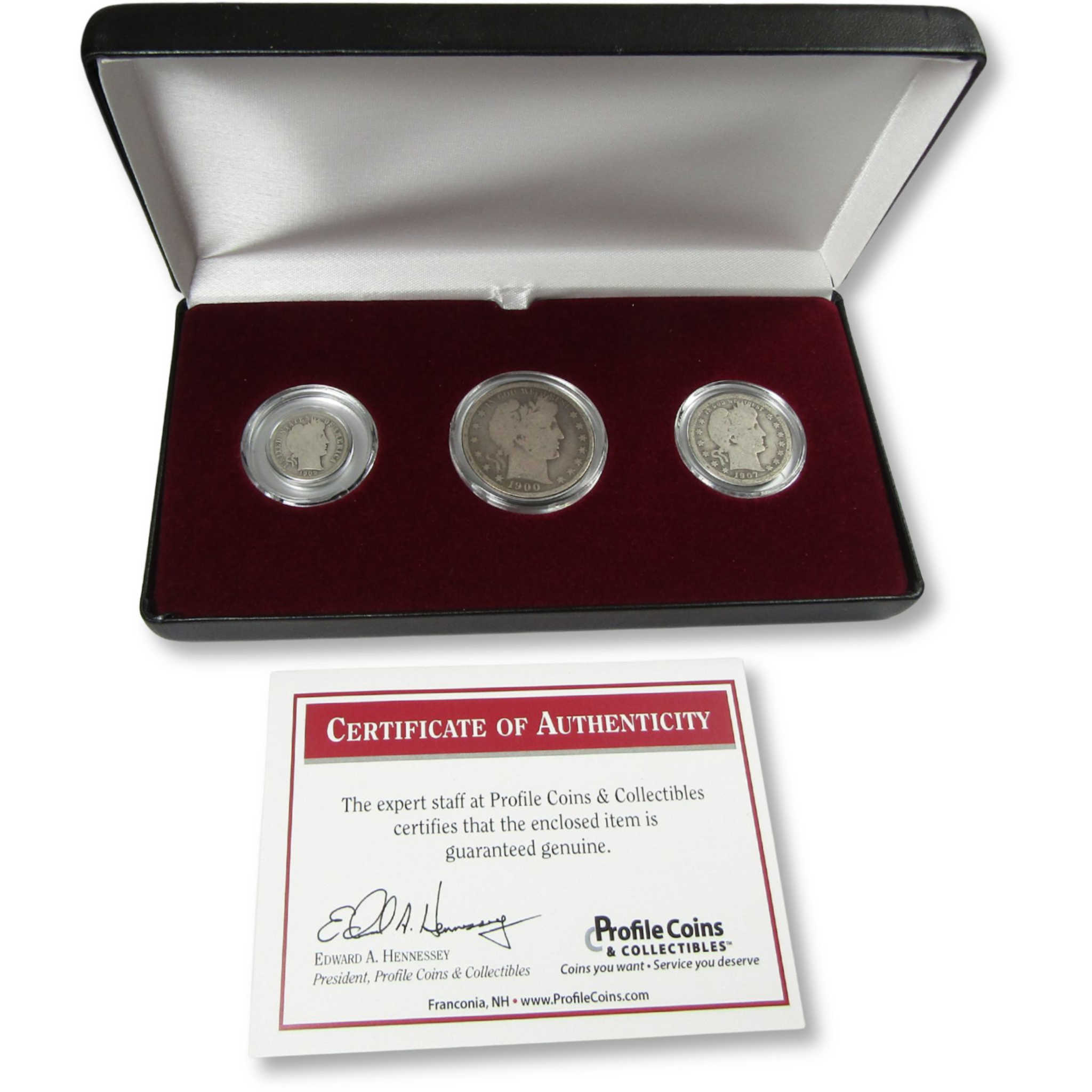 Barber Type Silver Coin 3-piece Set Dime Quarter Half Dollar with Case
