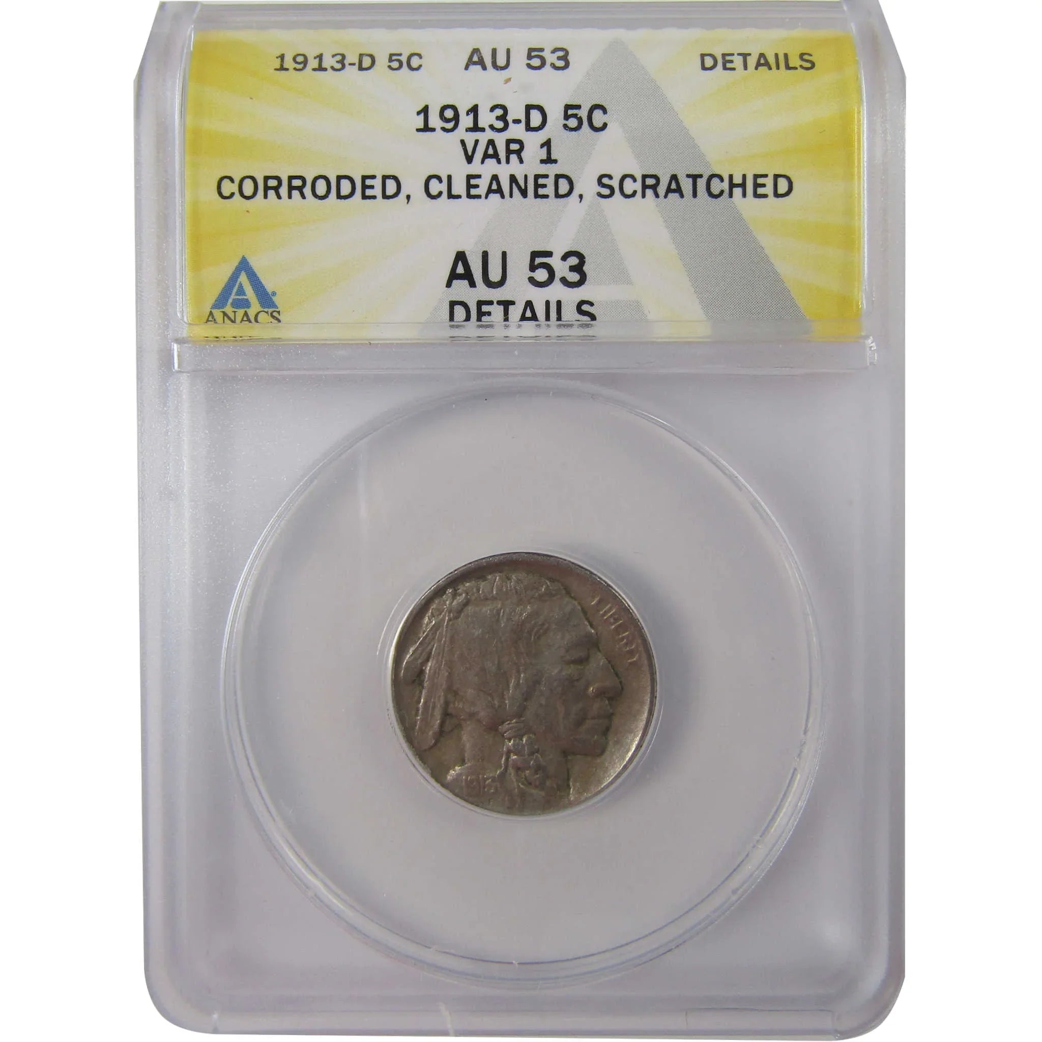 1913 D Type 1 Buffalo Nickel AU 53 Details ANACS 5c Coin SKU:I25525