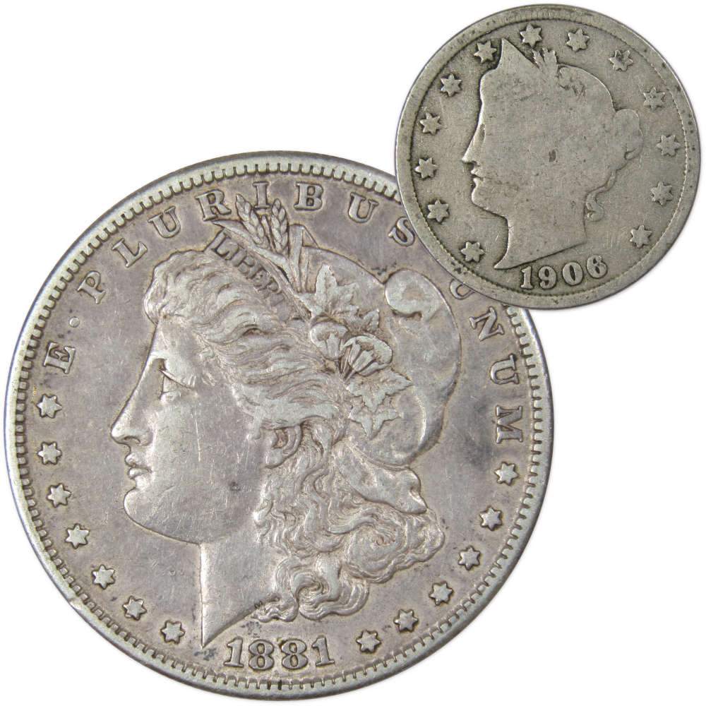1881 S Morgan Silver Dollar VF Very Fine with 1906 Liberty Nickel Good - Morgan coin - Morgan silver dollar - Morgan silver dollar for sale - Profile Coins & Collectibles