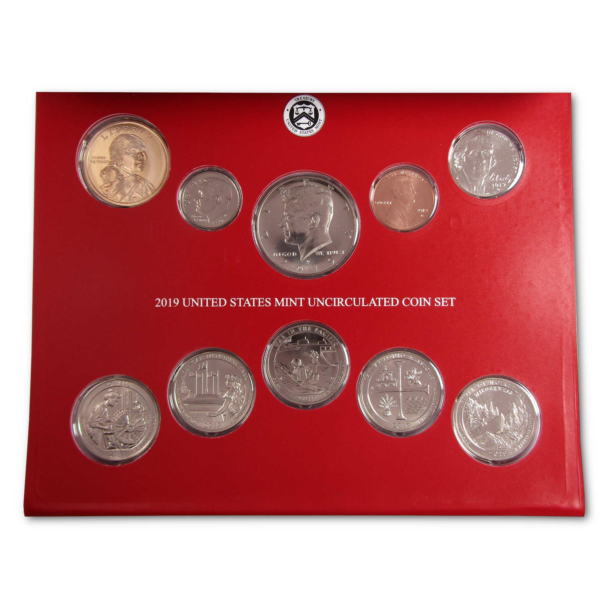 2019 United States Mint uncirculated coin set in red display, collectible coins