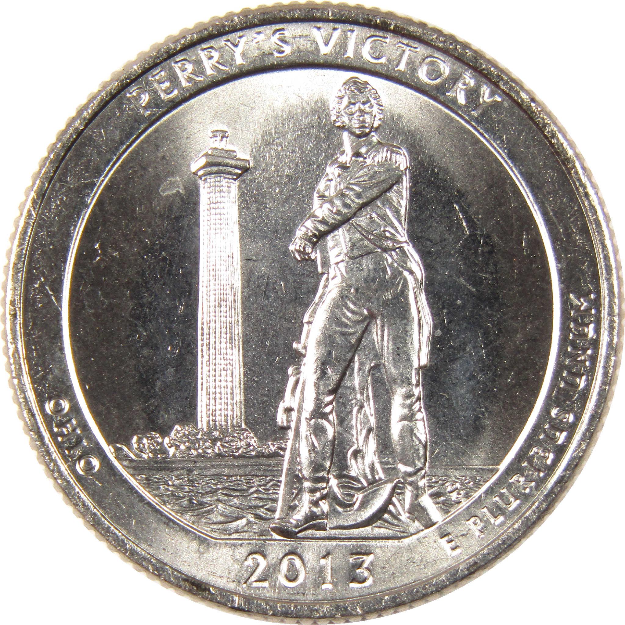 2013 Perry's Victory Ohio quarter collectible coin, depicting a naval officer and monument.