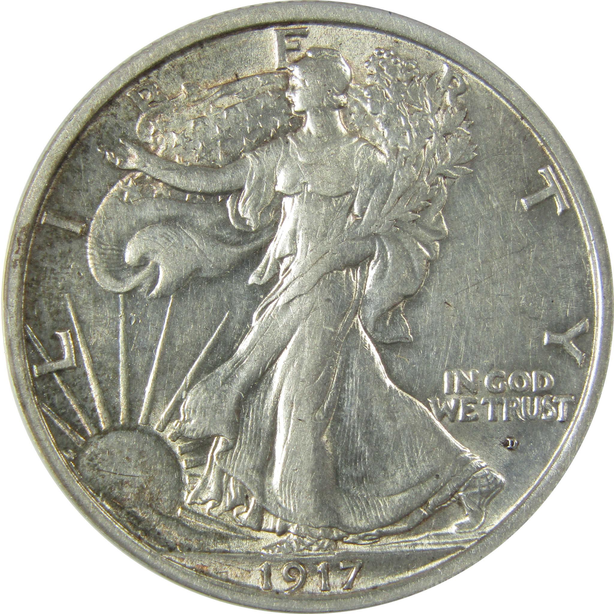 1917 D Obverse Liberty Walking Silver 50c AU Details SKU:CP557