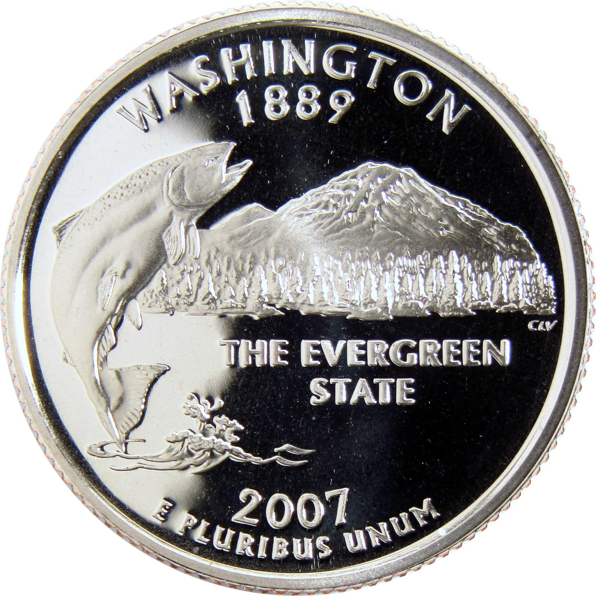 2007 Washington state quarter featuring jumping salmon, Mount Rainier, and forest design