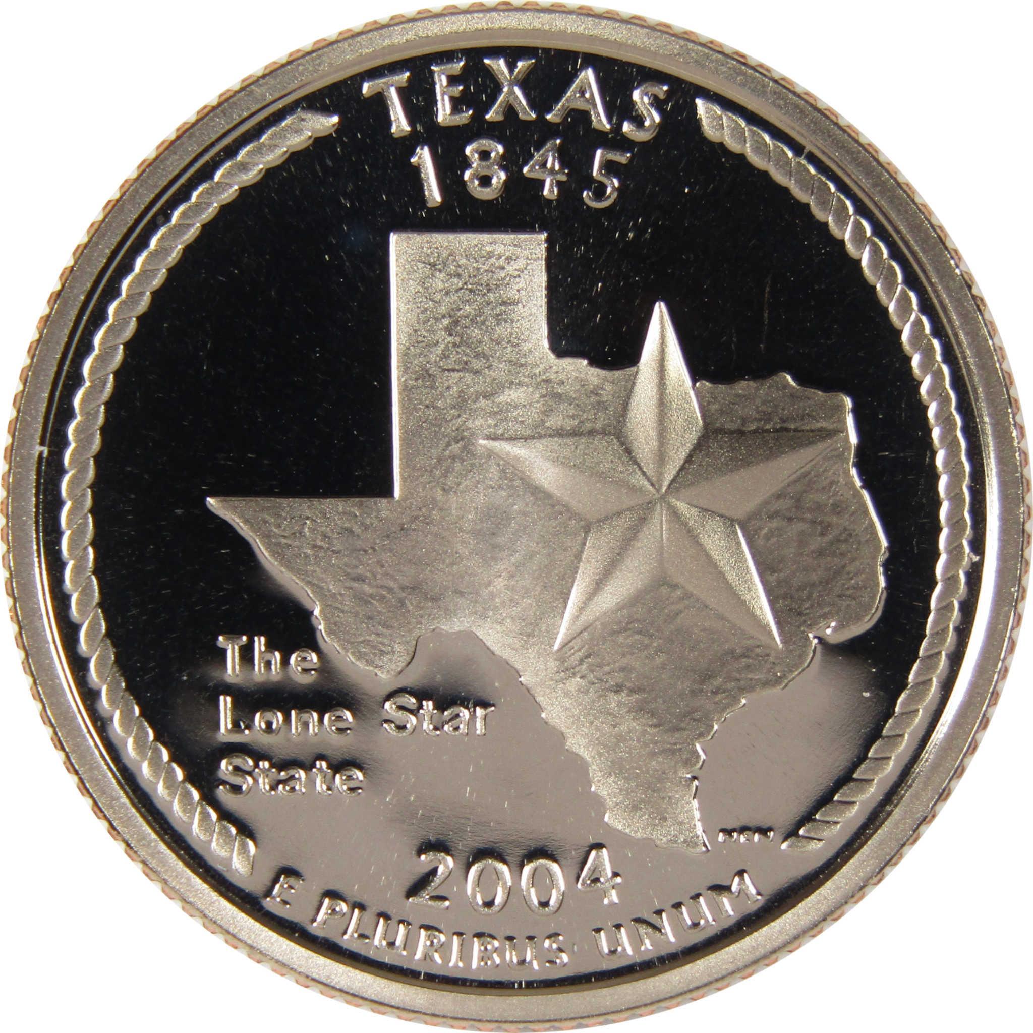 2004 Texas state quarter featuring Texas outline, star, and 'The Lone Star State' inscription.