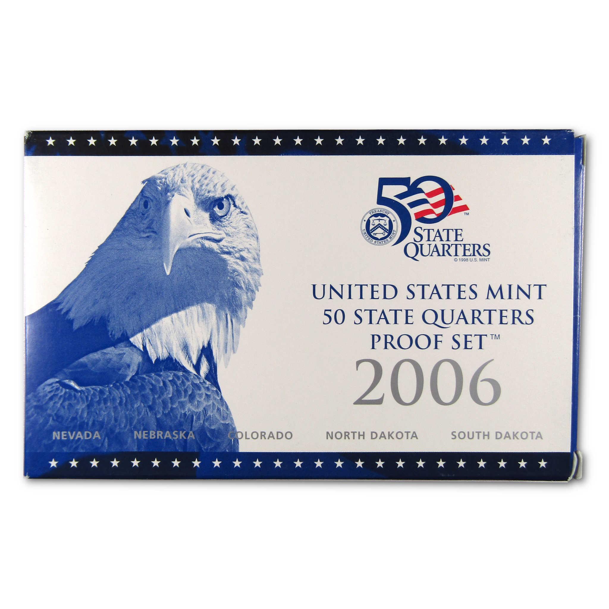 2006 US Mint 50 State Quarters Proof Set box with eagle and state names, collectible coins